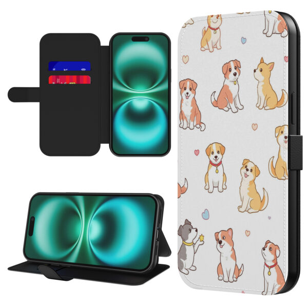 Leren bookcase hoesje iPhone 16 met honden opdruk en pasjeshouder (1)