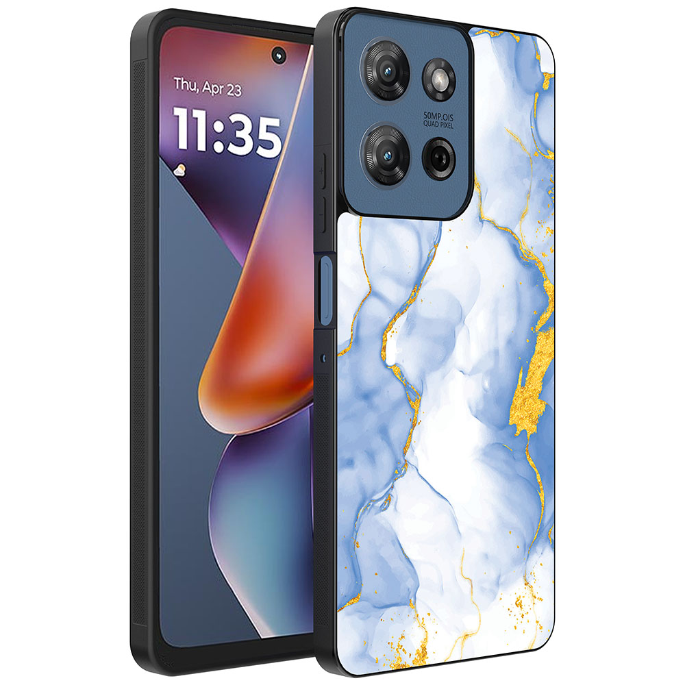 Motorola Moto G 2025 telefoonhoesje met lichtblauw goud marmer opdruk (1)
