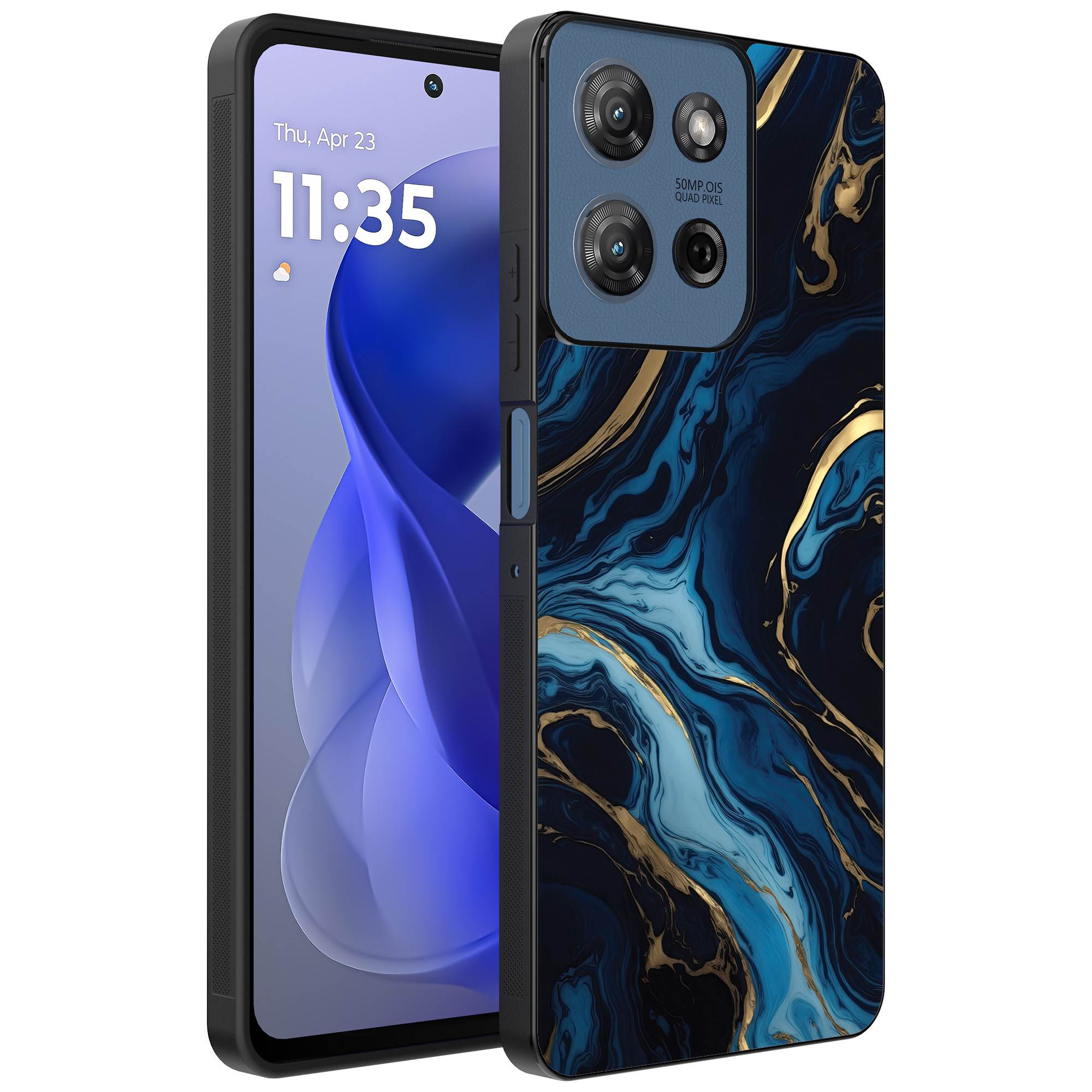 Motorola Moto G Power 2025 telefoonhoesje met blauw goud marmer opdruk (1)