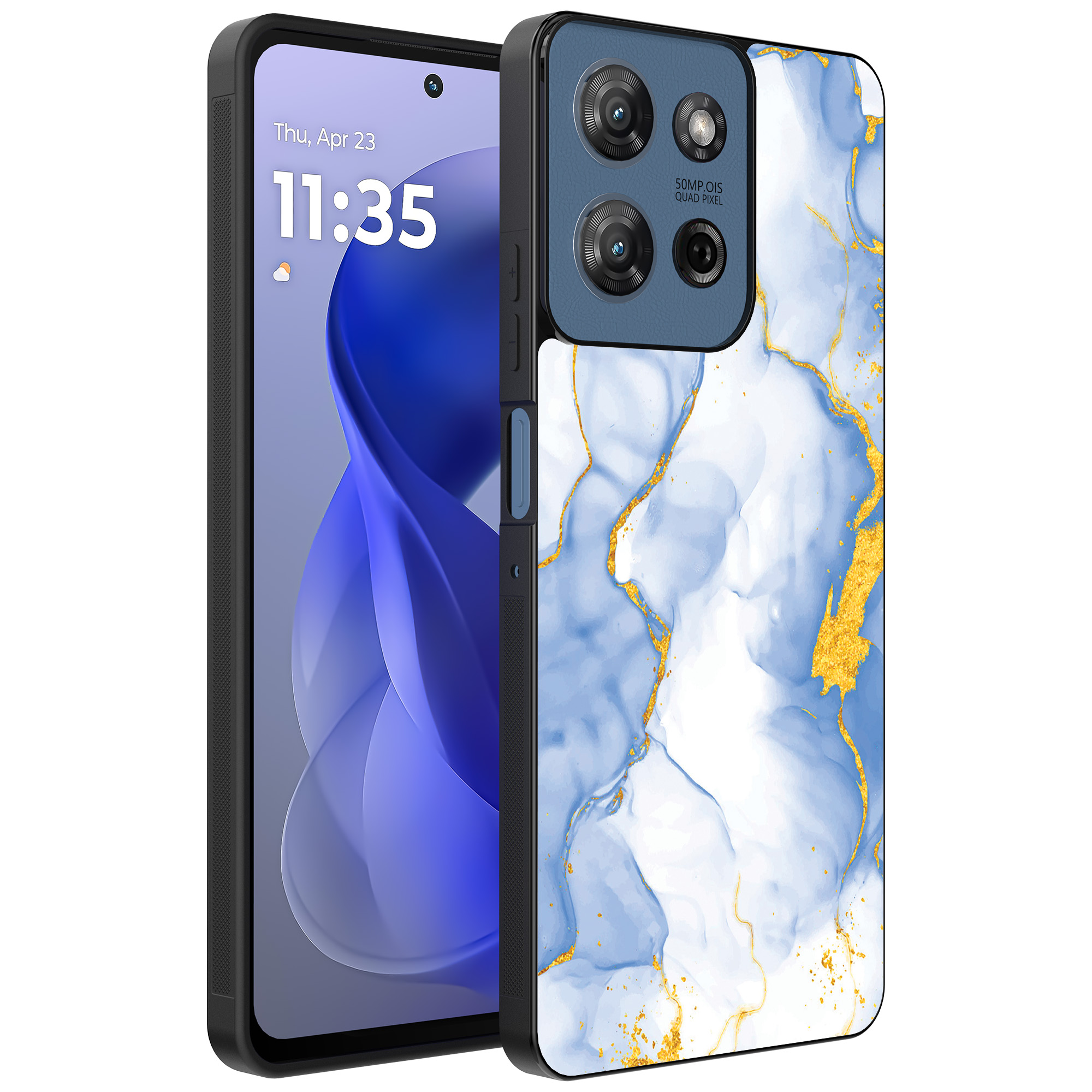 Motorola Moto G Power 2025 telefoonhoesje met lichtblauw goud marmer opdruk (1)
