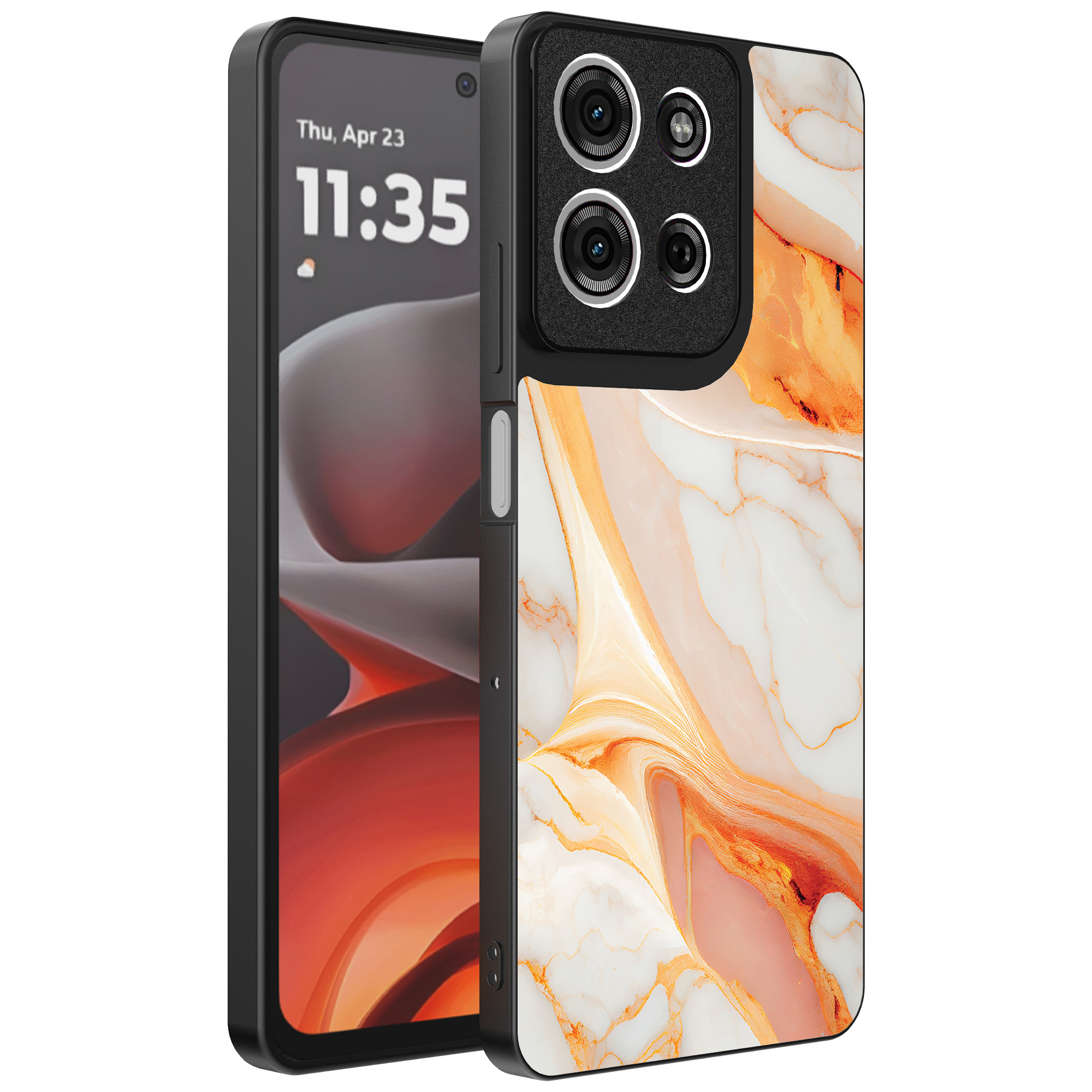 Motorola Moto G15 telefoonhoesje met oranje marmer opdruk (1)