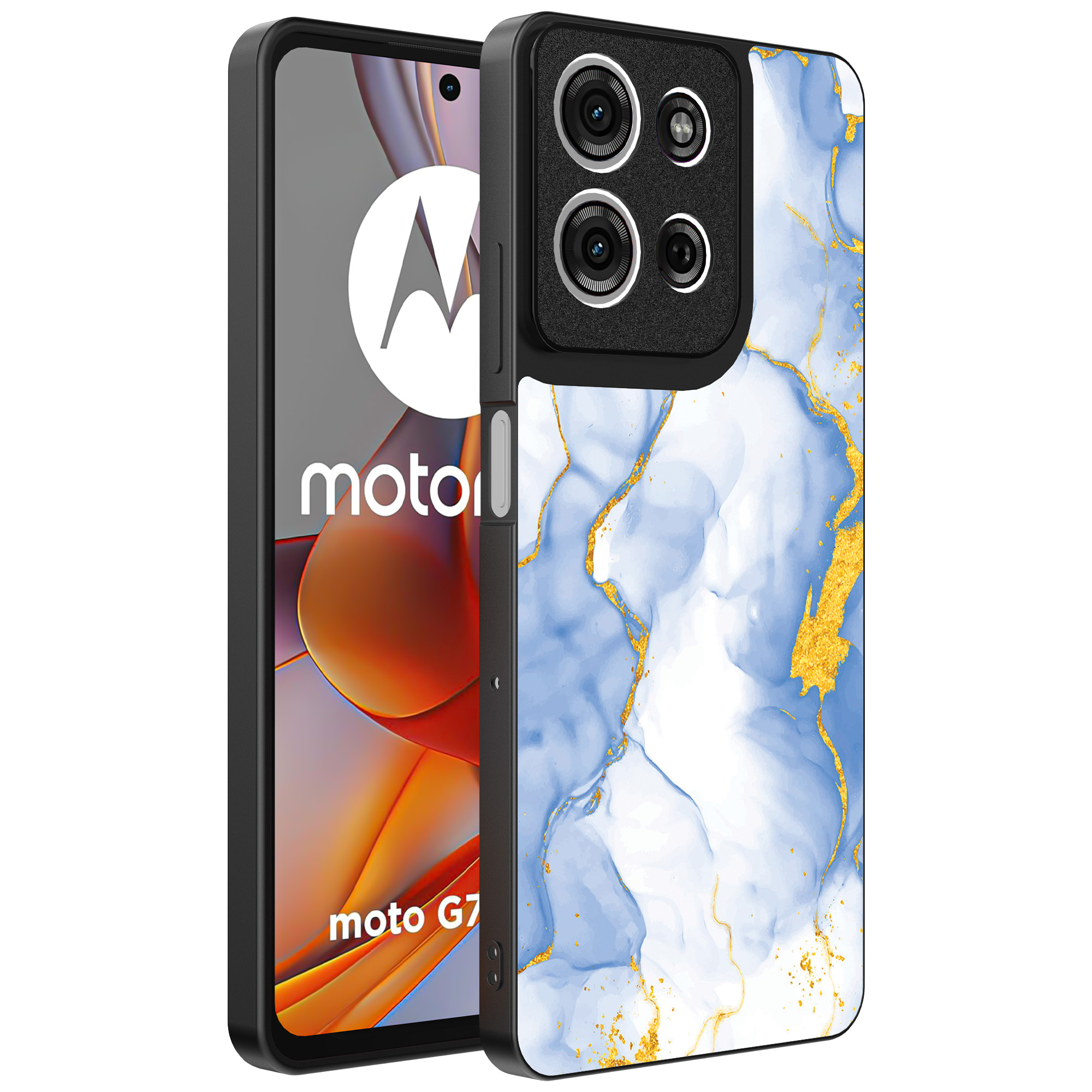 Motorola Moto G75 telefoonhoesje met lichtblauw goud marmer opdruk (1)