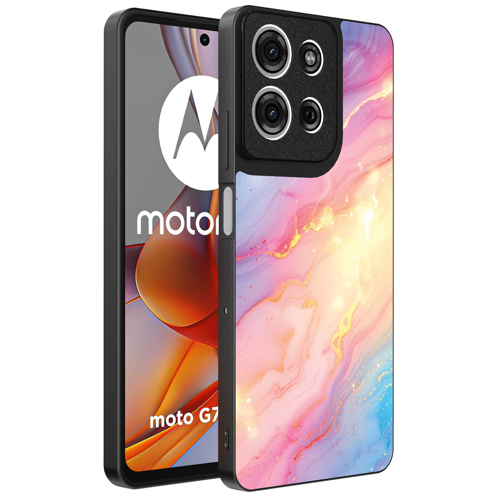 Motorola Moto G75 telefoonhoesje met regenboog glitter marmer opdruk (1)