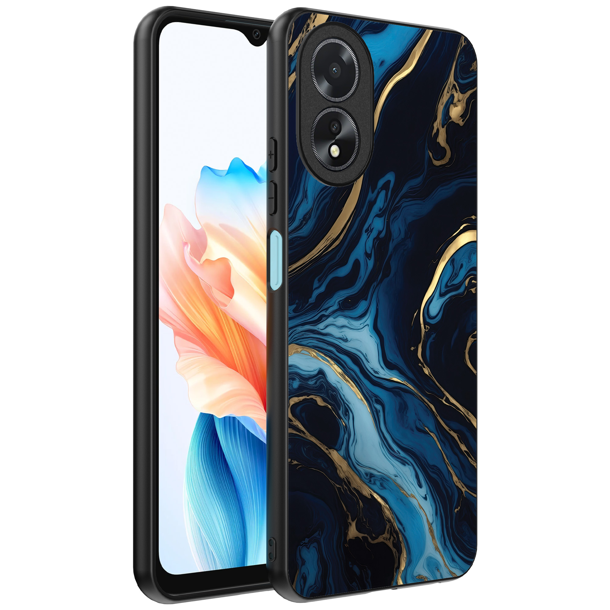 Oppo A18 telefoonhoesje met blauw goud marmer opdruk (1)