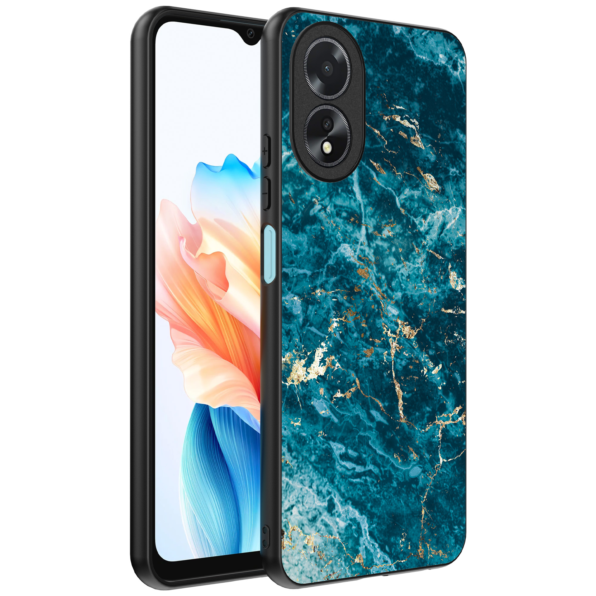Oppo A18 telefoonhoesje met blauw marmer opdruk (1)
