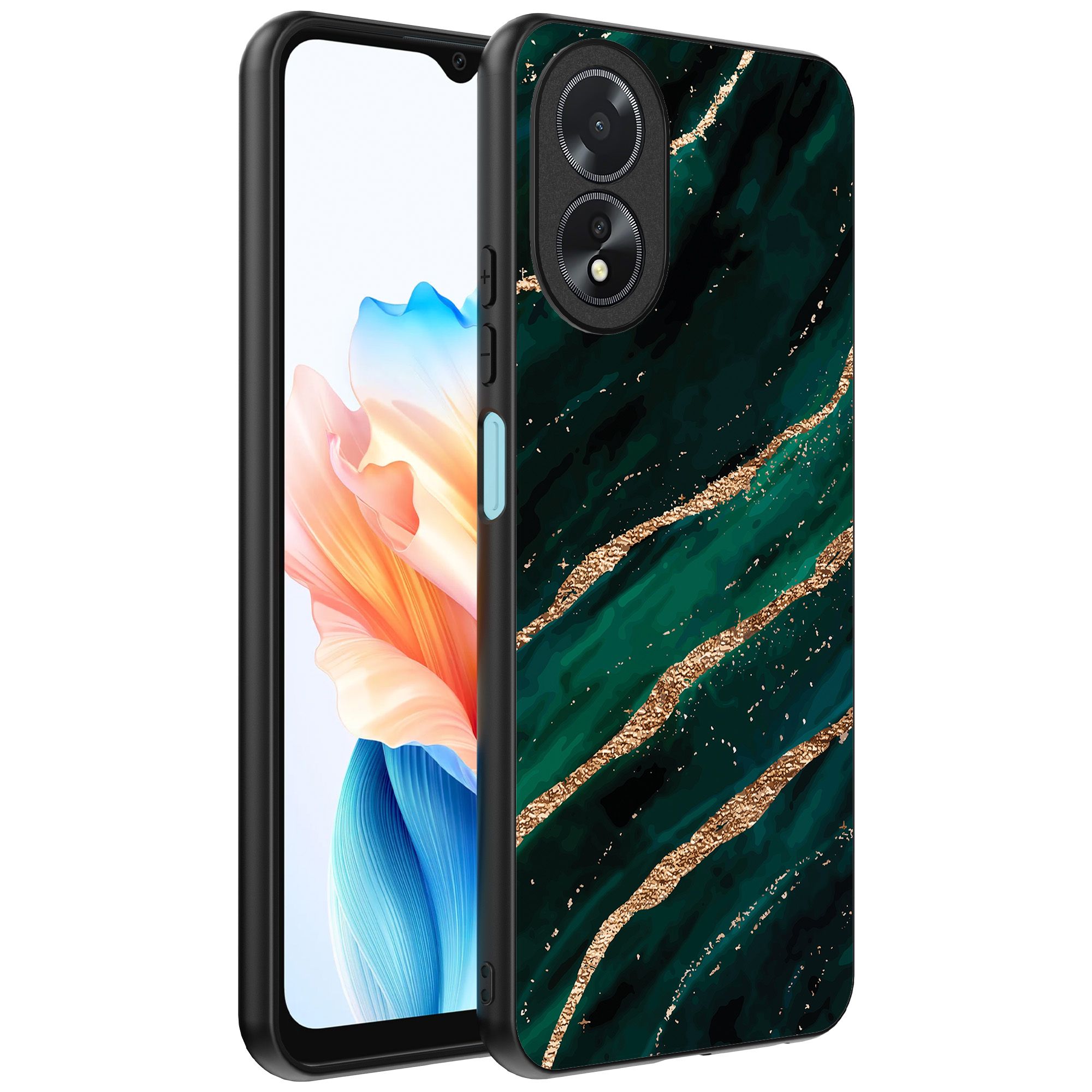 Oppo A18 telefoonhoesje met groen goud marmer opdruk (1)