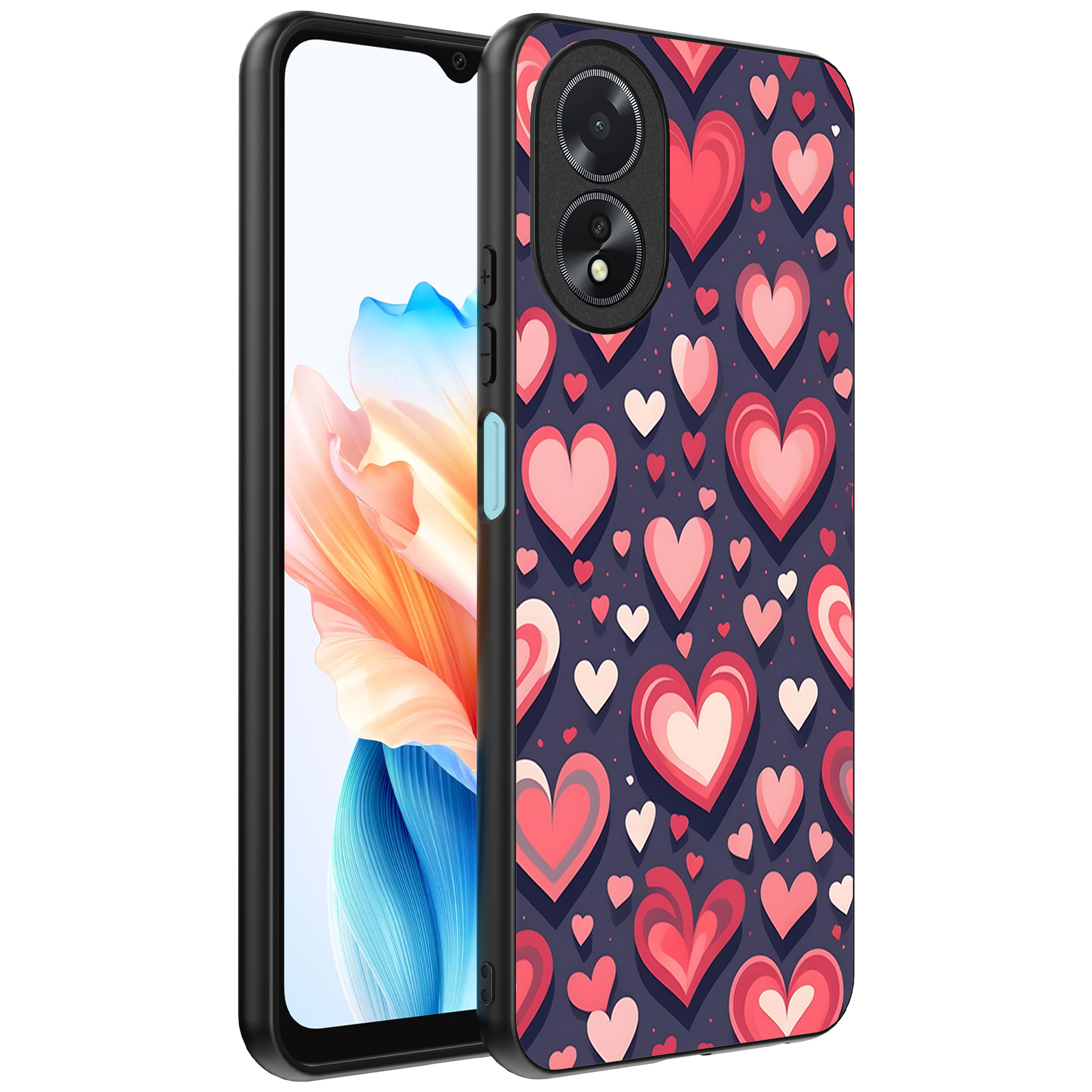 Oppo A18 telefoonhoesje met hartjes opdruk groot (1)