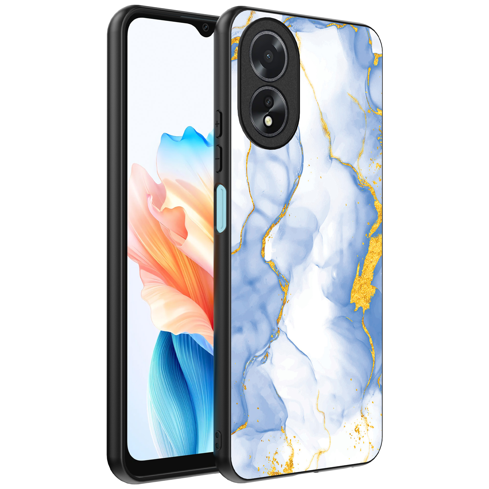Oppo A18 telefoonhoesje met lichtblauw goud marmer opdruk (1)