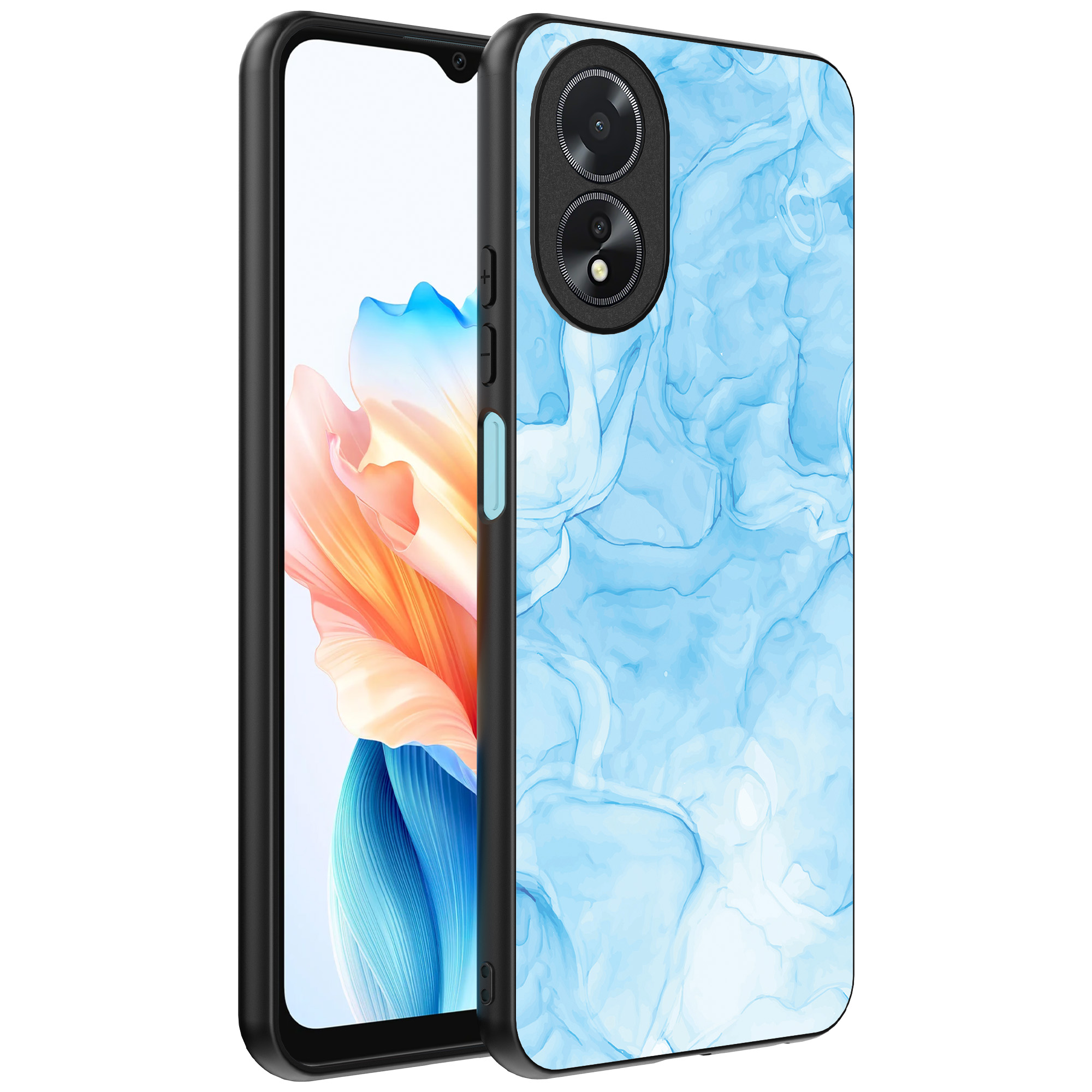 Oppo A18 telefoonhoesje met lichtblauw marmer opdruk (1)