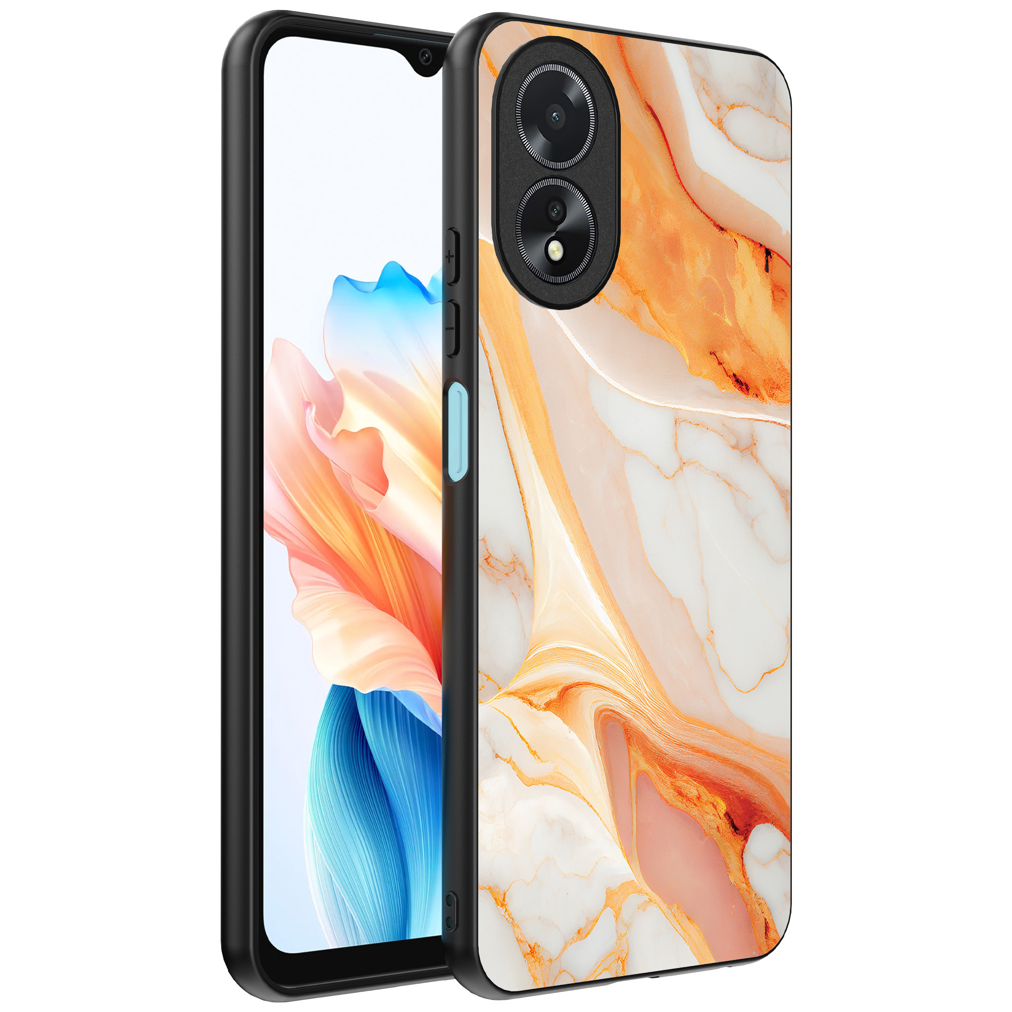 Oppo A18 telefoonhoesje met oranje marmer opdruk (1)