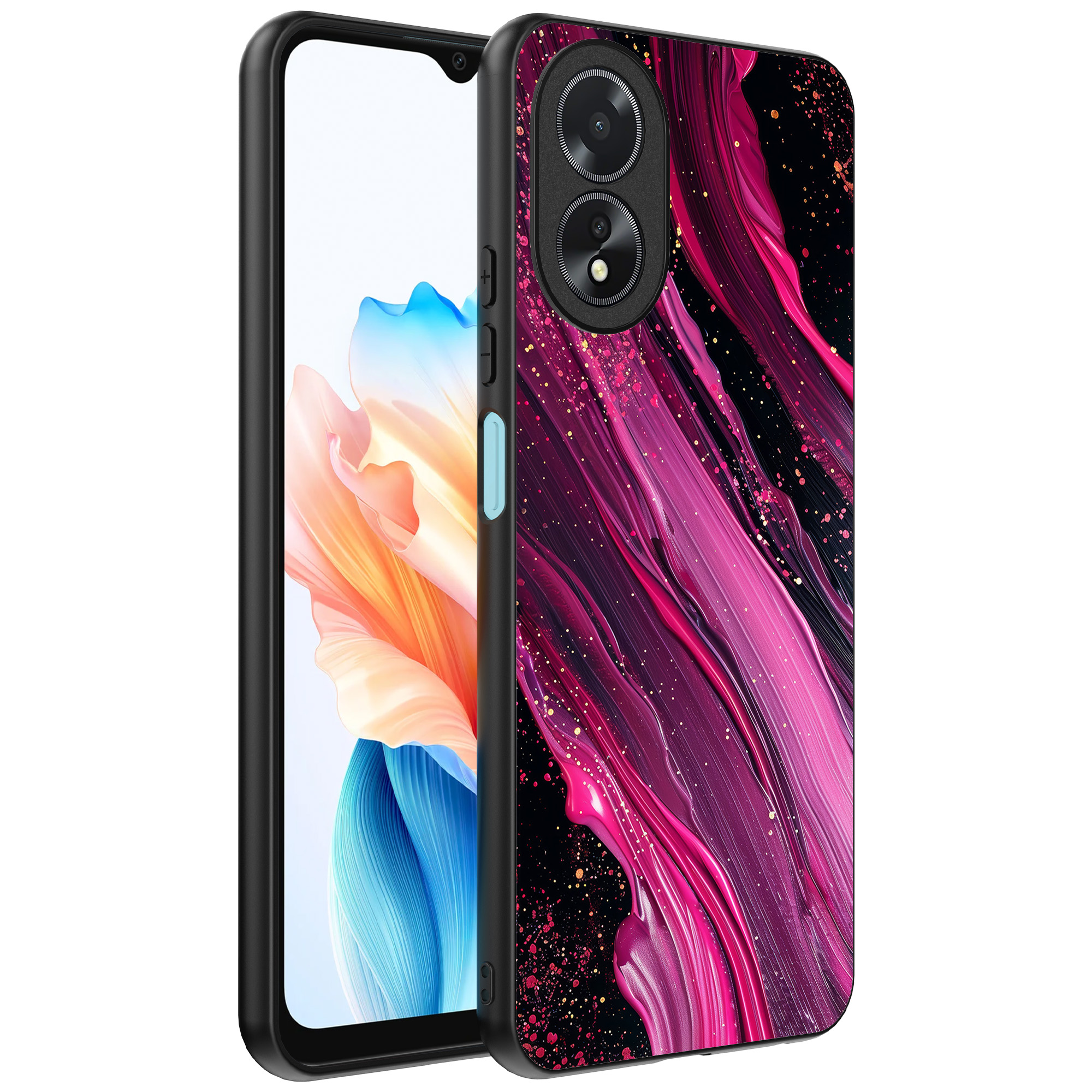 Oppo A18 telefoonhoesje met paars roze marmer opdruk (1)