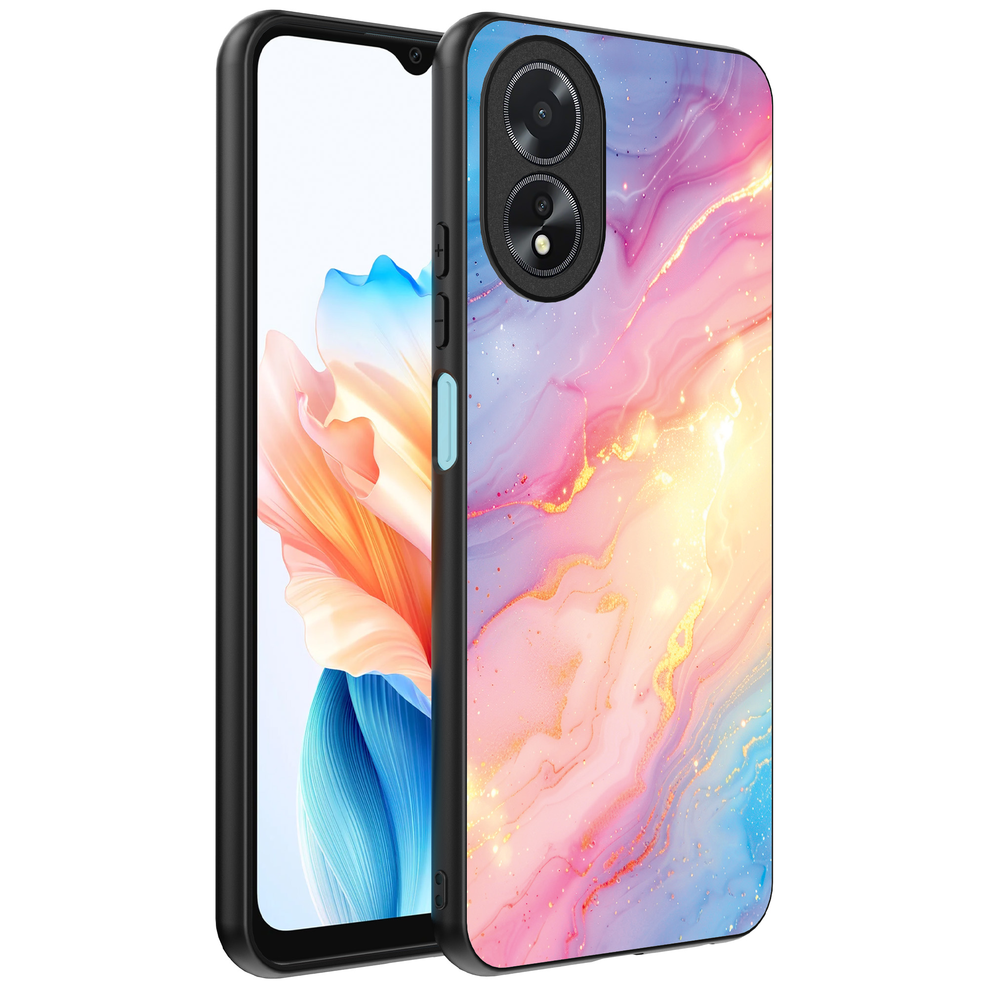 Oppo A18 telefoonhoesje met regenboog glitter marmer opdruk (1)