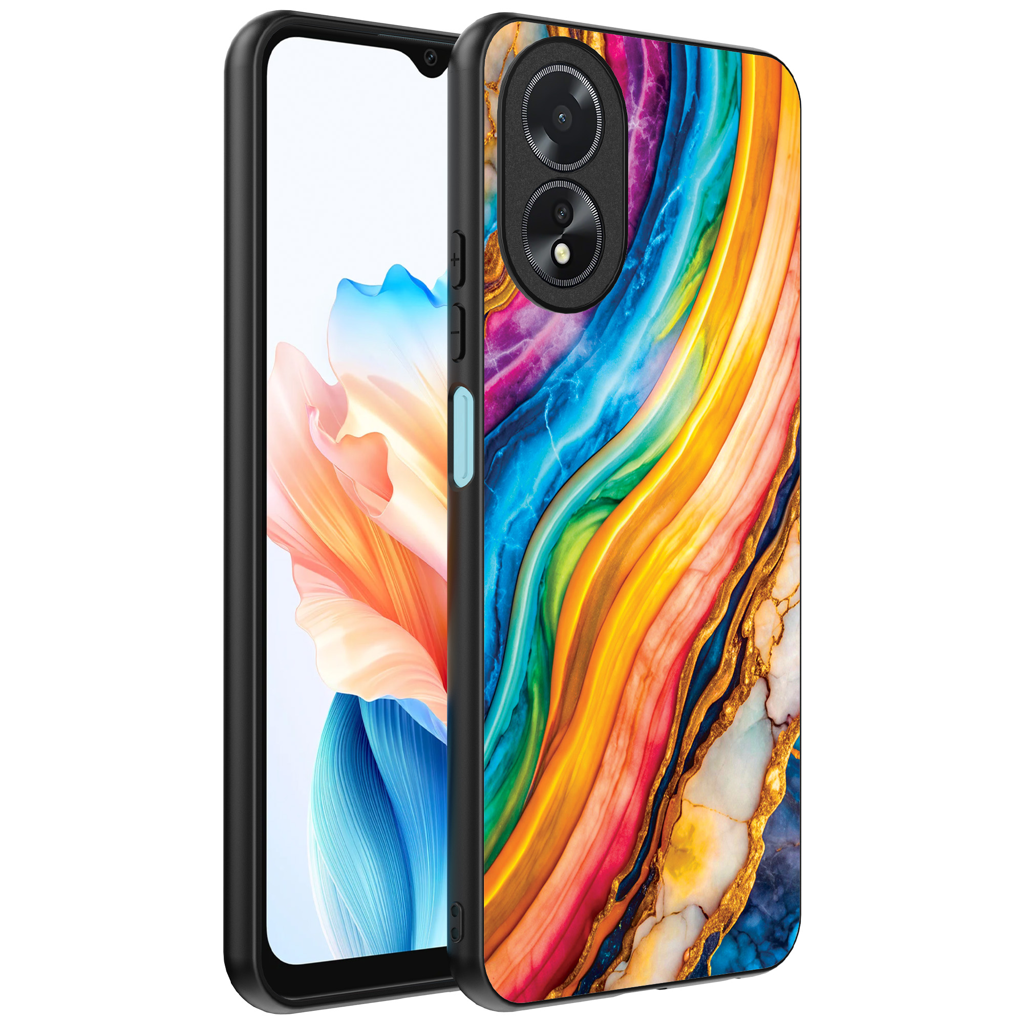Oppo A18 telefoonhoesje met regenboog goud marmer opdruk (1)