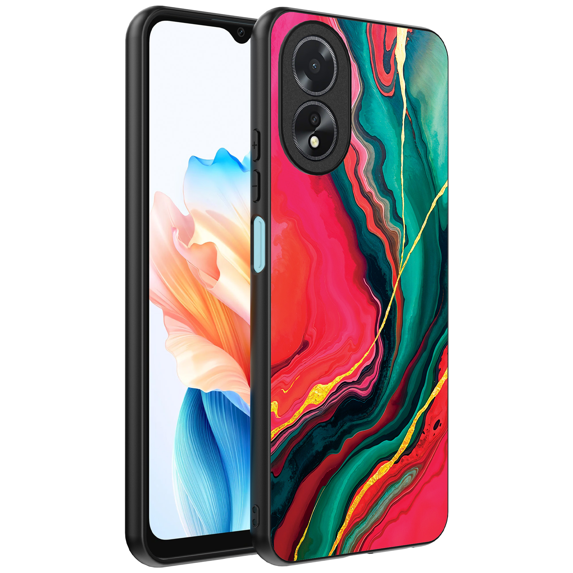 Oppo A18 telefoonhoesje met rood groen marmer opdruk (1)