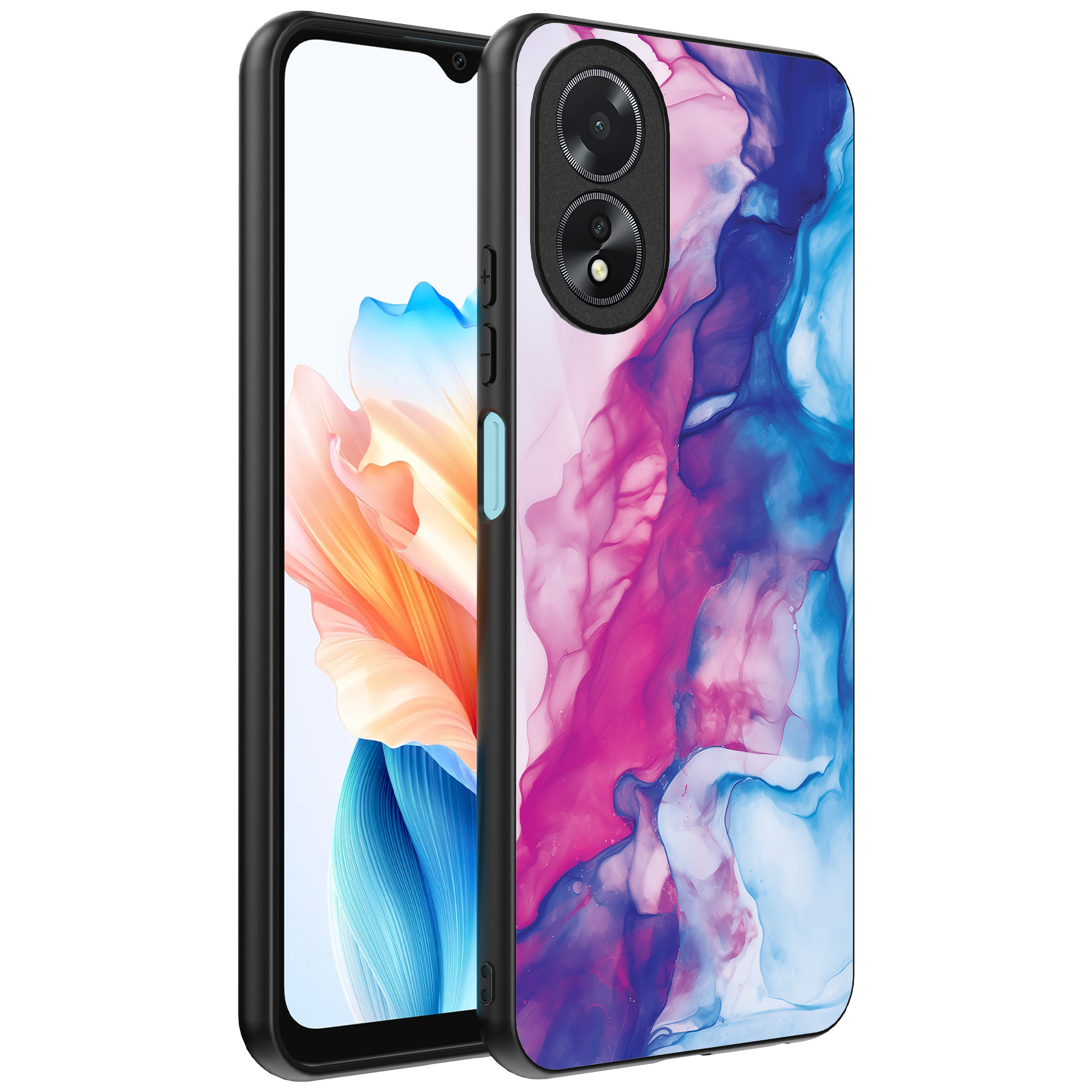 Oppo A18 telefoonhoesje met roze blauw marmer opdruk (1)