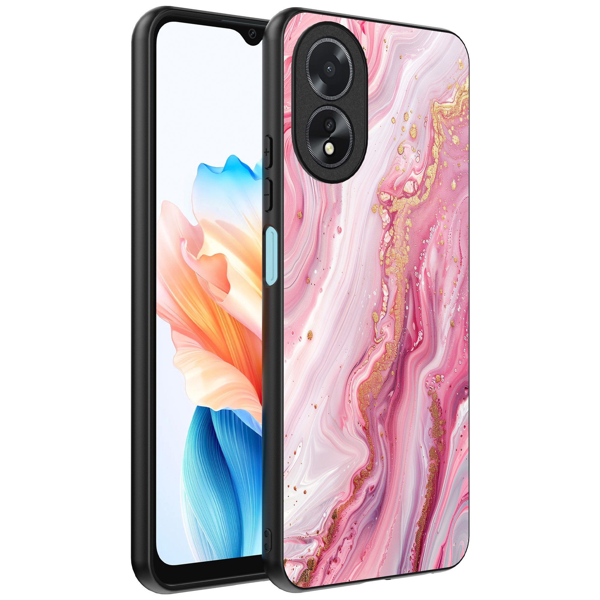 Oppo A18 telefoonhoesje met roze marmer opdruk (1)
