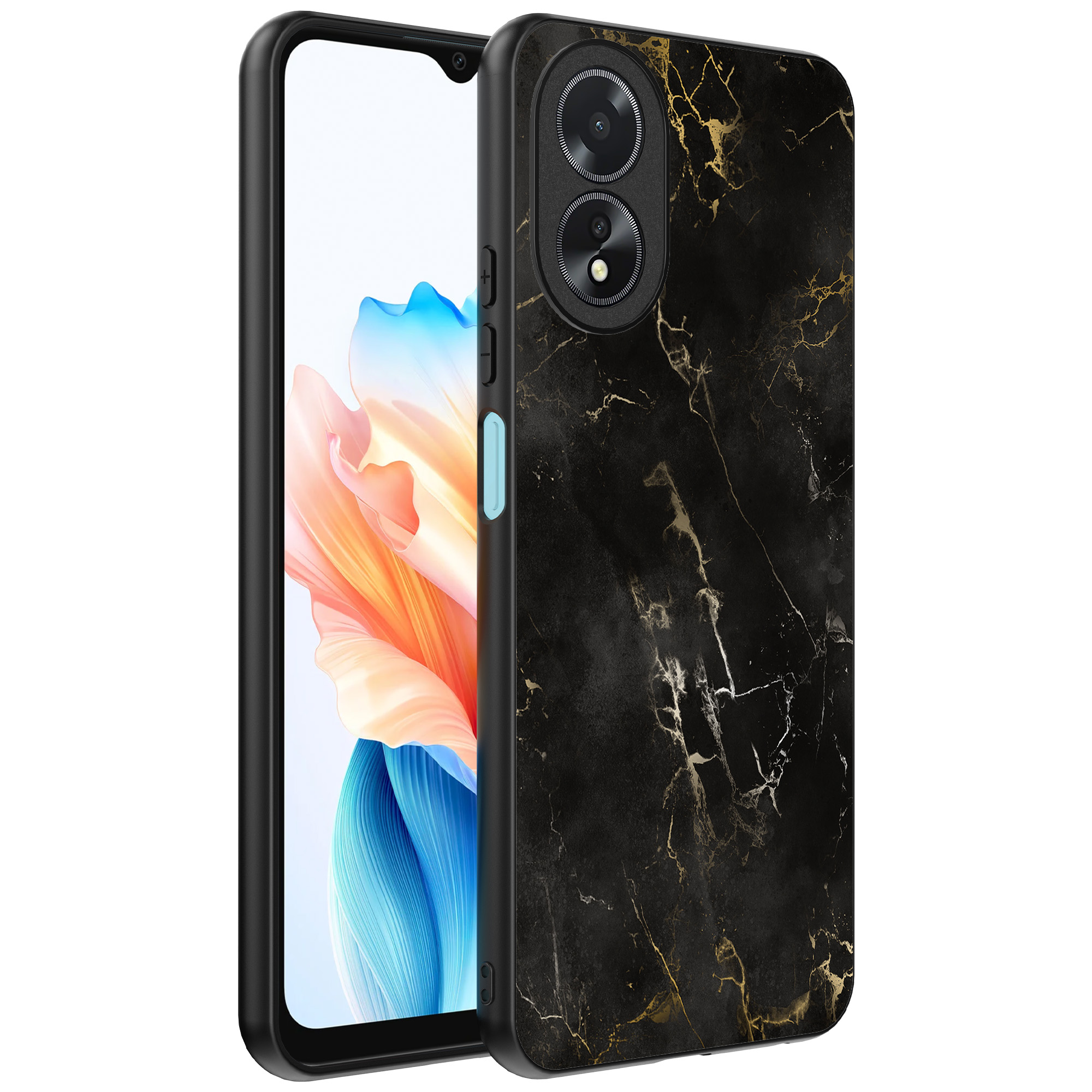 Oppo A18 telefoonhoesje met zwart marmer opdruk (1)