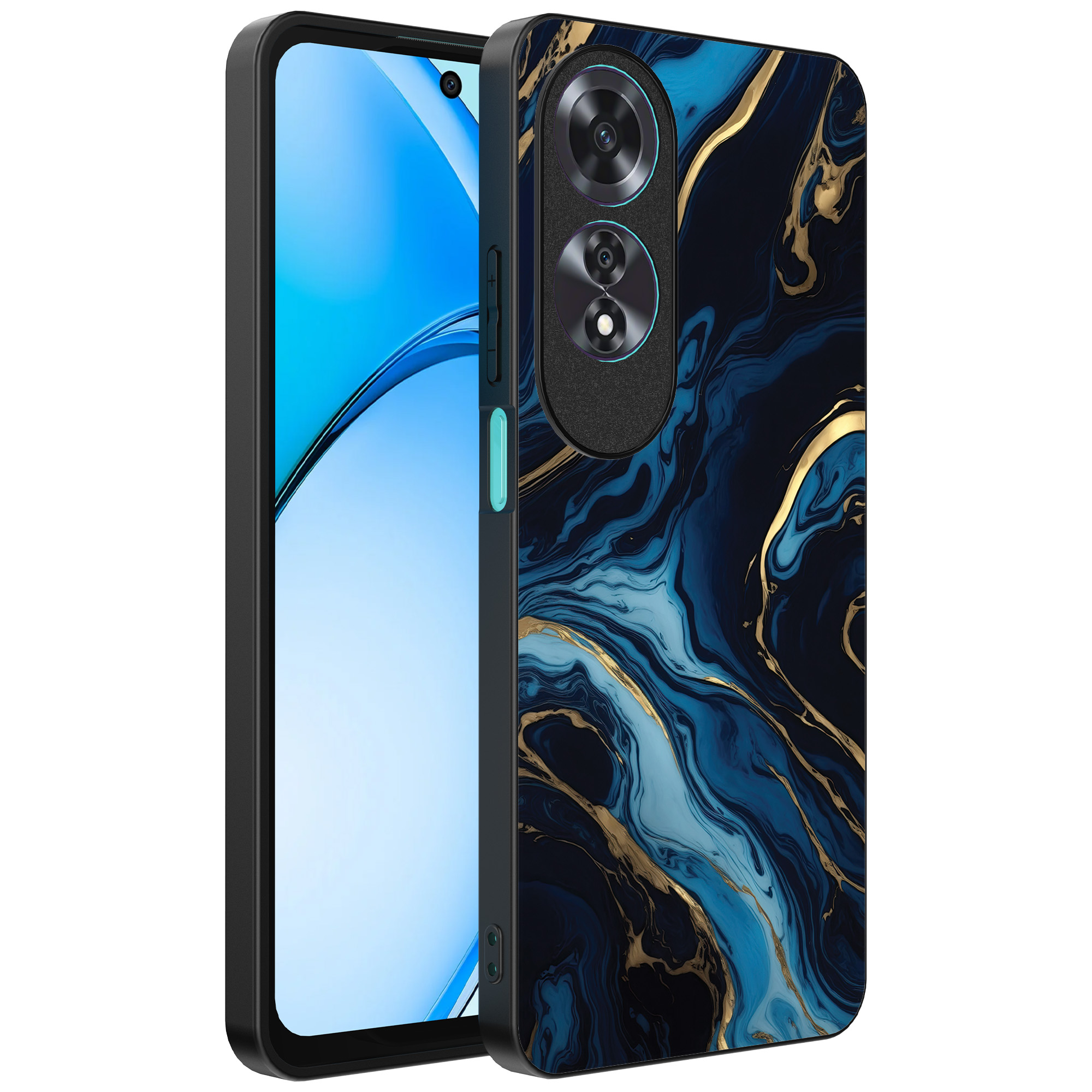 Oppo A60 telefoonhoesje met blauw goud marmer opdruk (1)