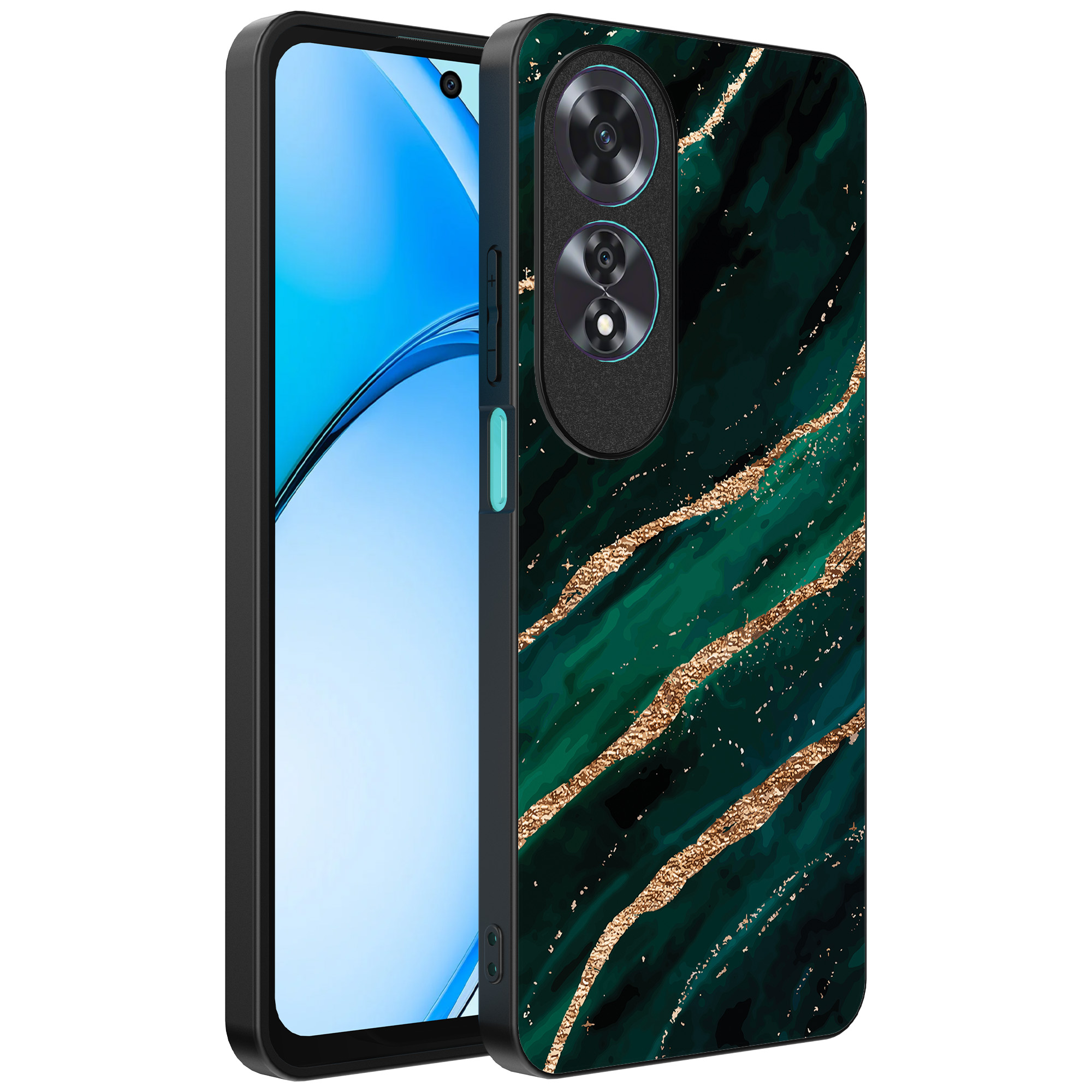 Oppo A60 telefoonhoesje met groen goud marmer opdruk (1)