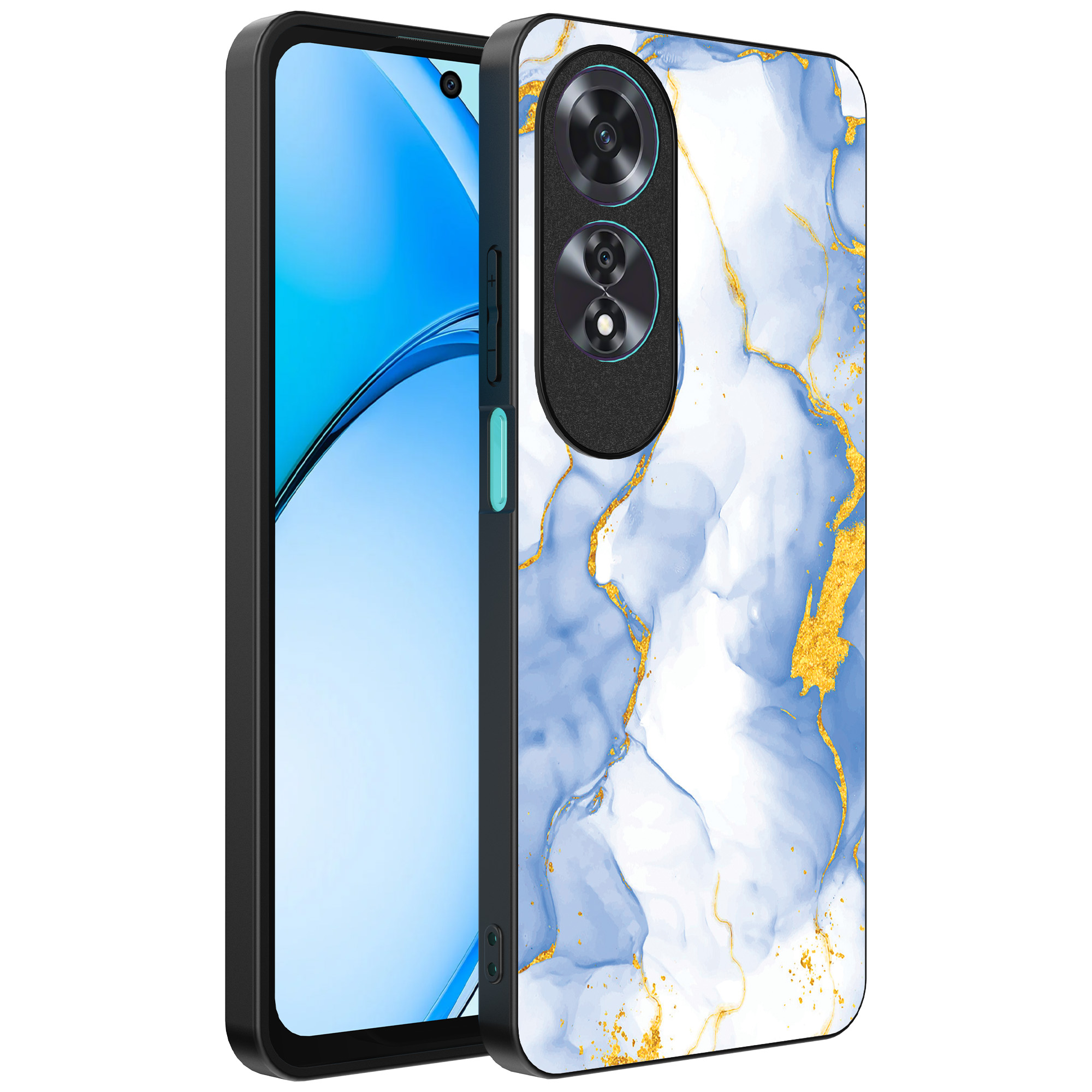 Oppo A60 telefoonhoesje met lichtblauw goud marmer opdruk (1)