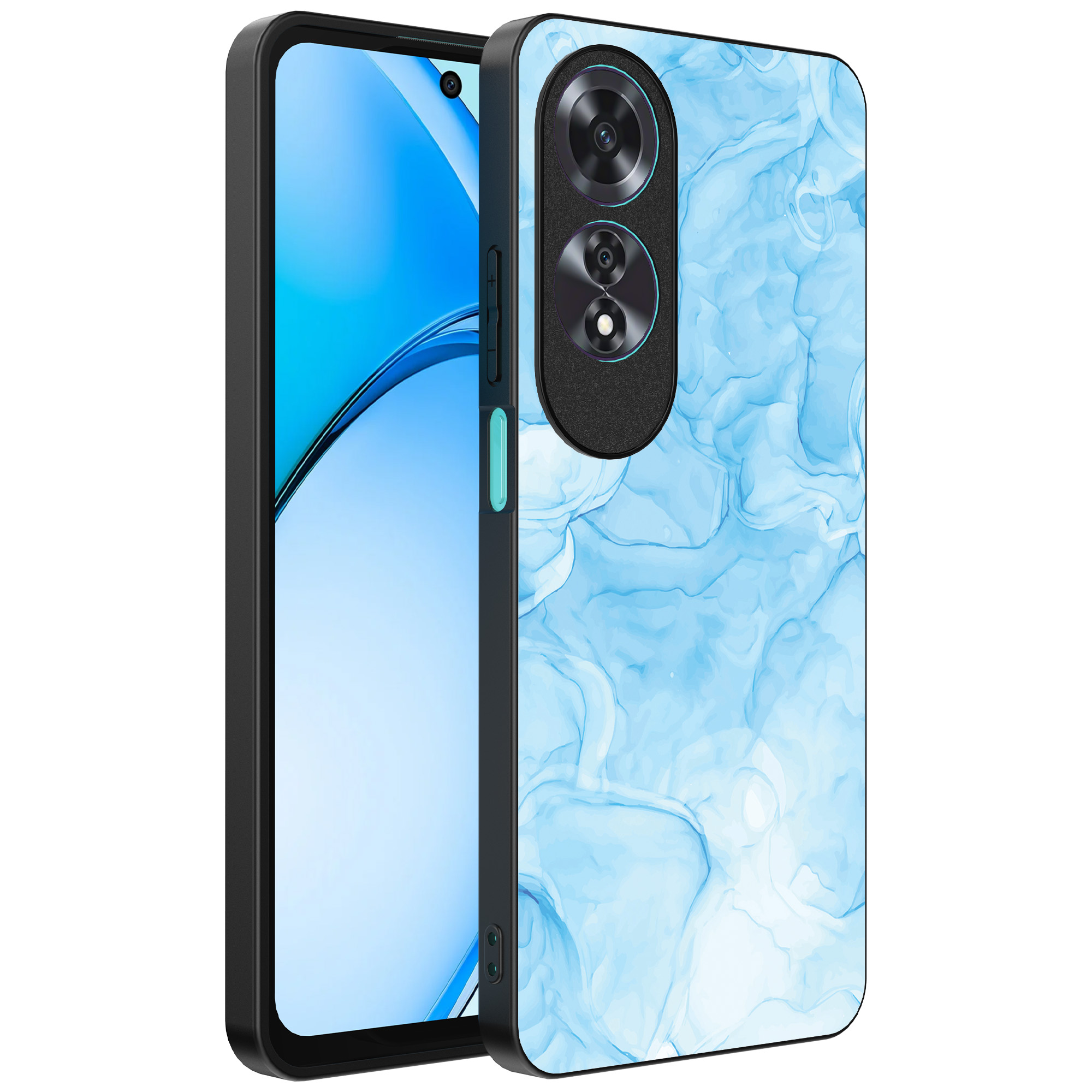 Oppo A60 telefoonhoesje met lichtblauw marmer opdruk (1)