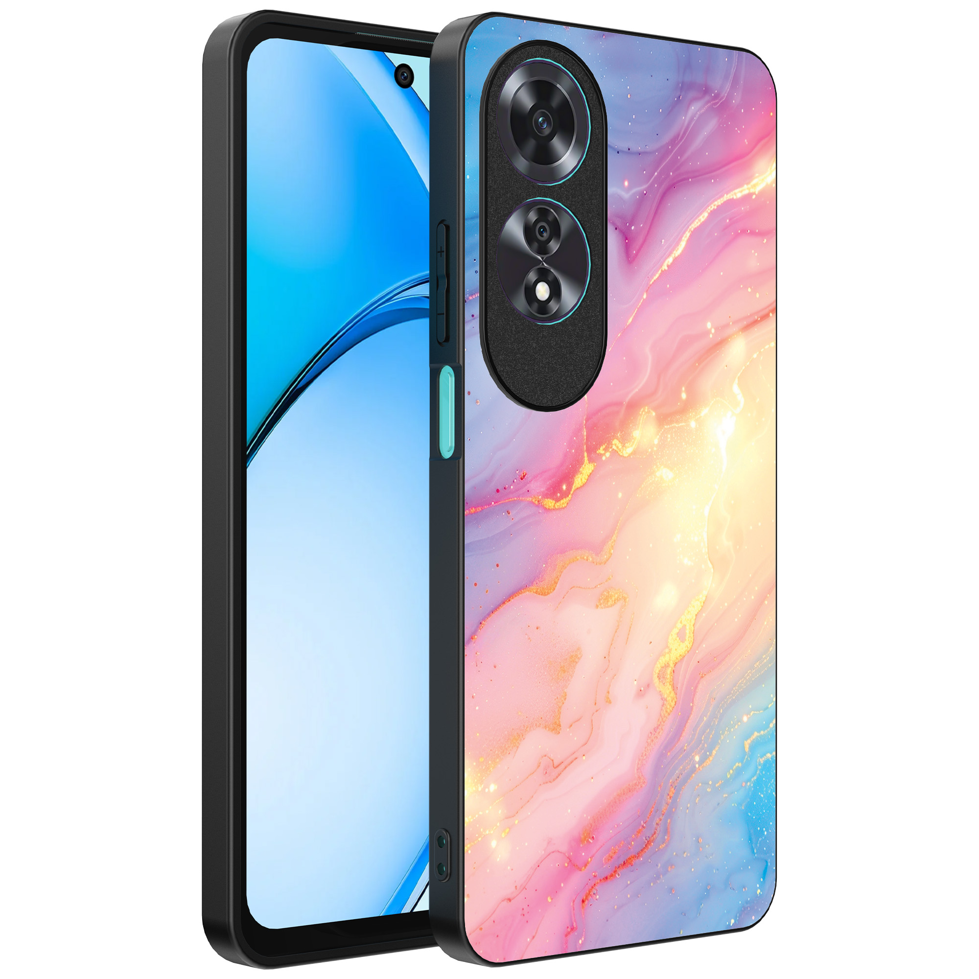 Oppo A60 telefoonhoesje met regenboog glitter marmer opdruk (1)