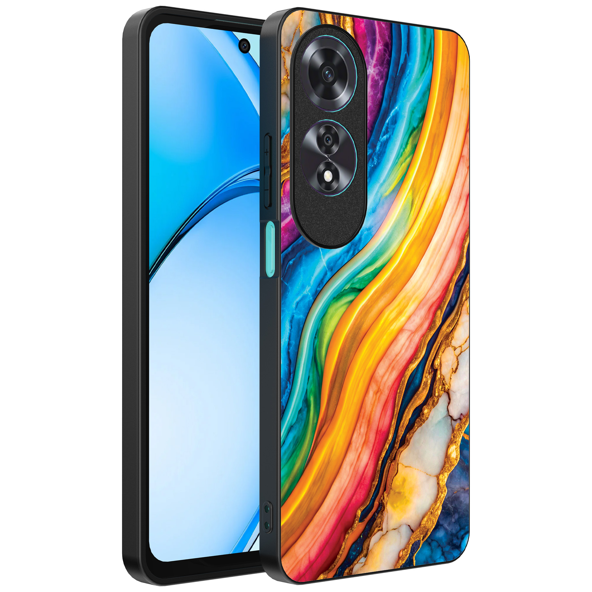 Oppo A60 telefoonhoesje met regenboog goud marmer opdruk (1)