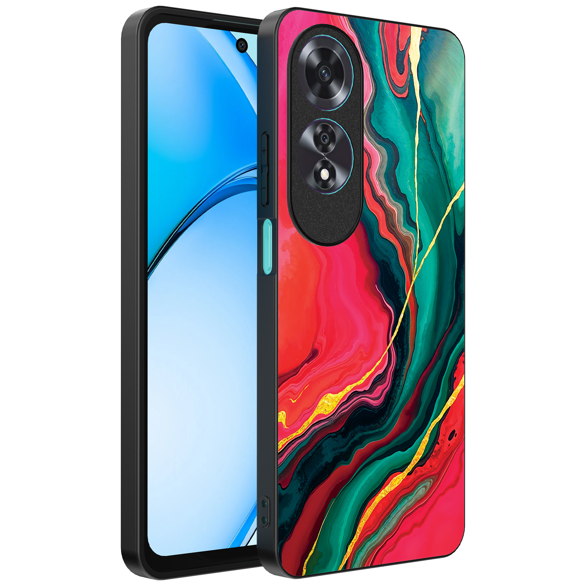 Oppo A60 telefoonhoesje met rood groen marmer opdruk (1)