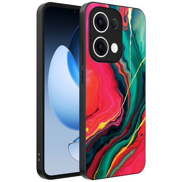 Oppo Reno 13 telefoonhoesje met rood groen marmer opdruk (1)