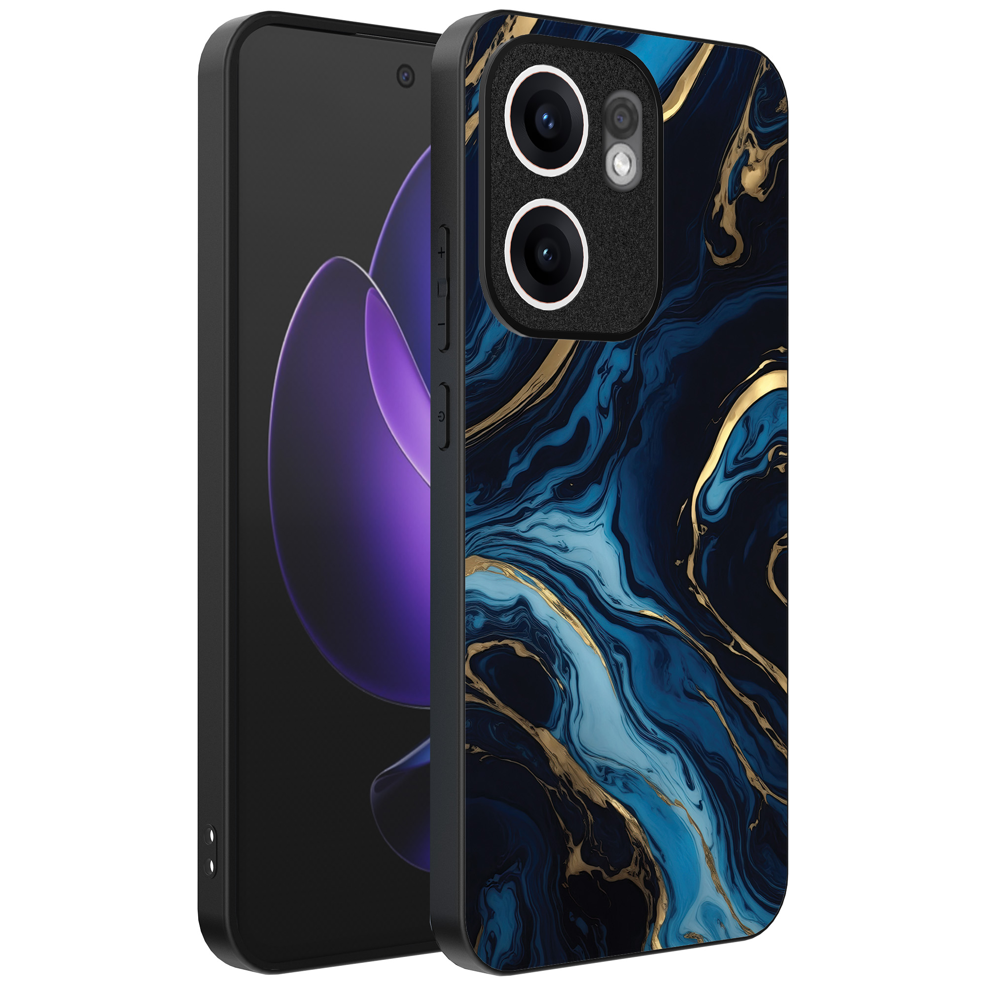 Oppo Reno 13F telefoonhoesje met blauw goud marmer opdruk (1)