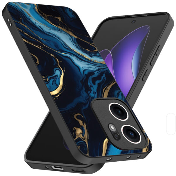 Oppo Reno 13F telefoonhoesje met blauw goud marmer opdruk (2)