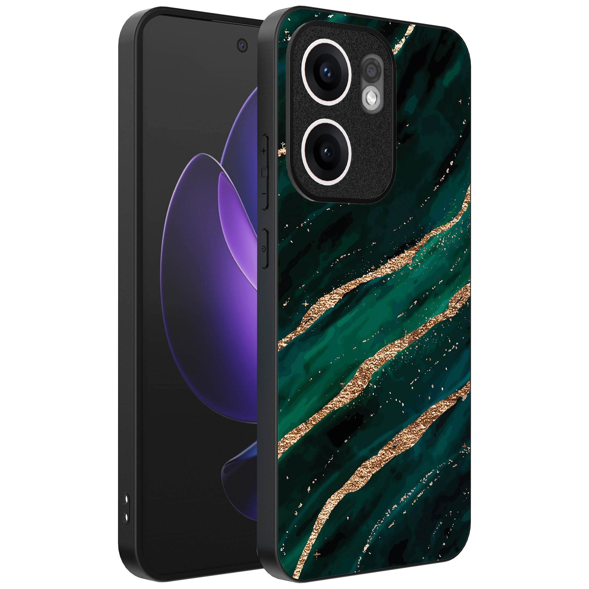 Oppo Reno 13F telefoonhoesje met groen goud marmer opdruk (1)