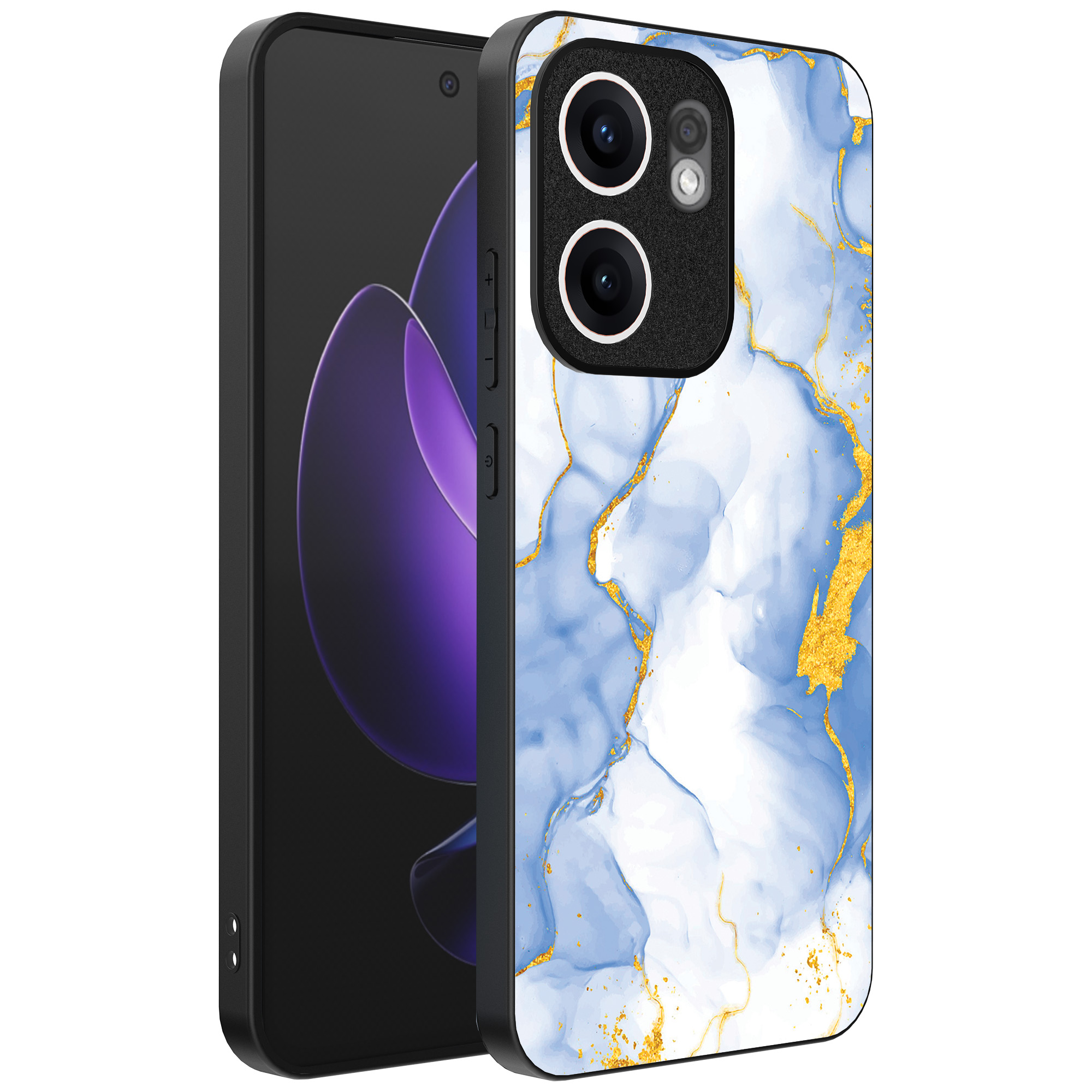 Oppo Reno 13F telefoonhoesje met lichtblauw goud marmer opdruk (1)