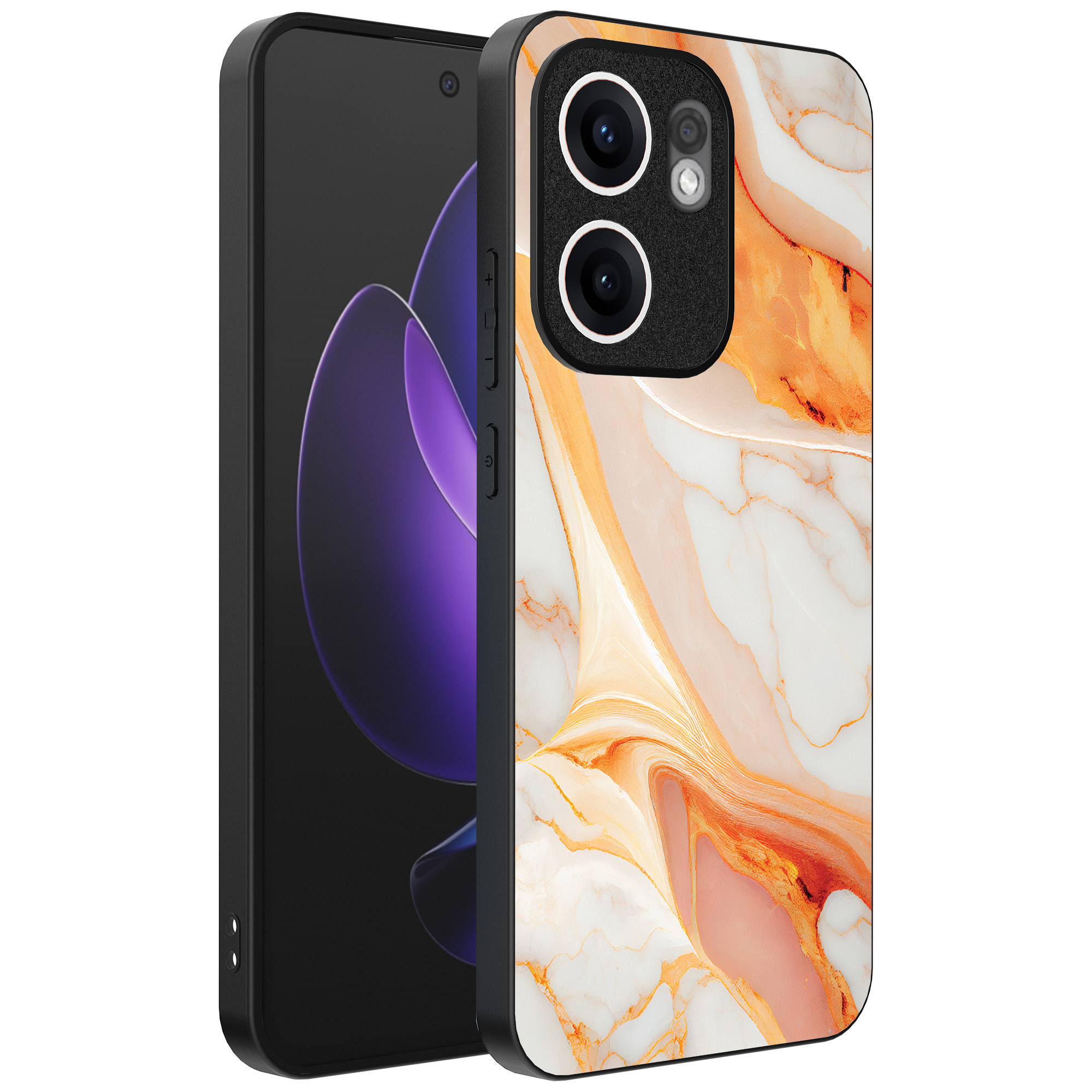 Oppo Reno 13F telefoonhoesje met oranje marmer opdruk (1)