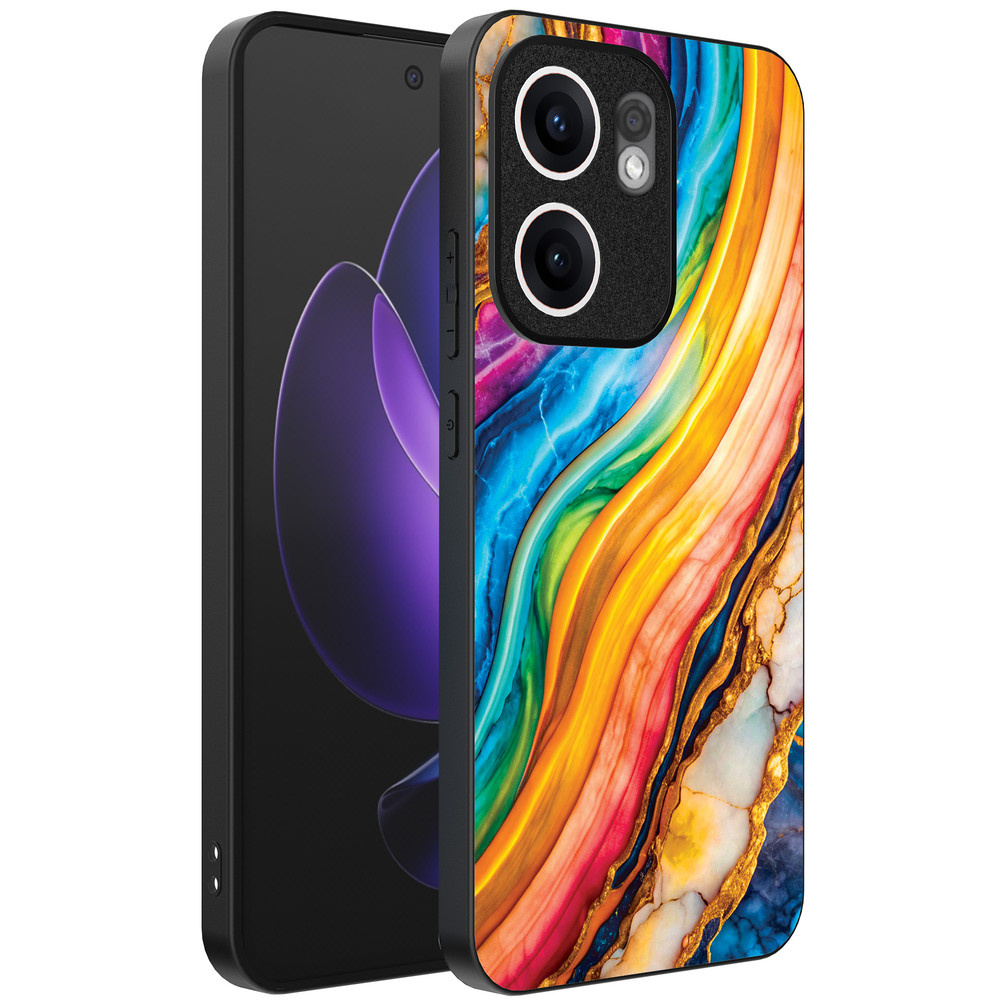Oppo Reno 13F telefoonhoesje met regenboog goud marmer opdruk (1)