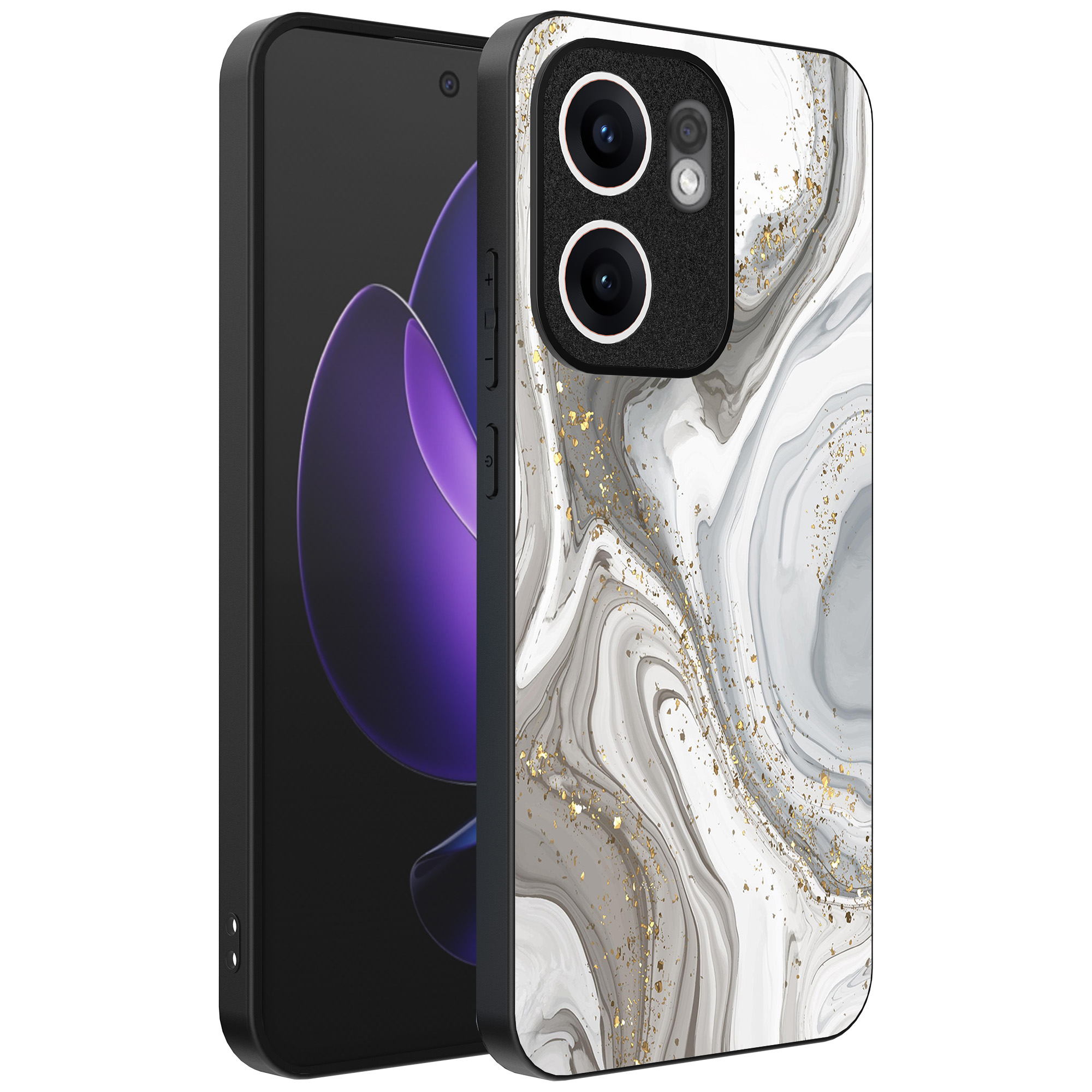 Oppo Reno 13F telefoonhoesje met zilver marmer opdruk (1)