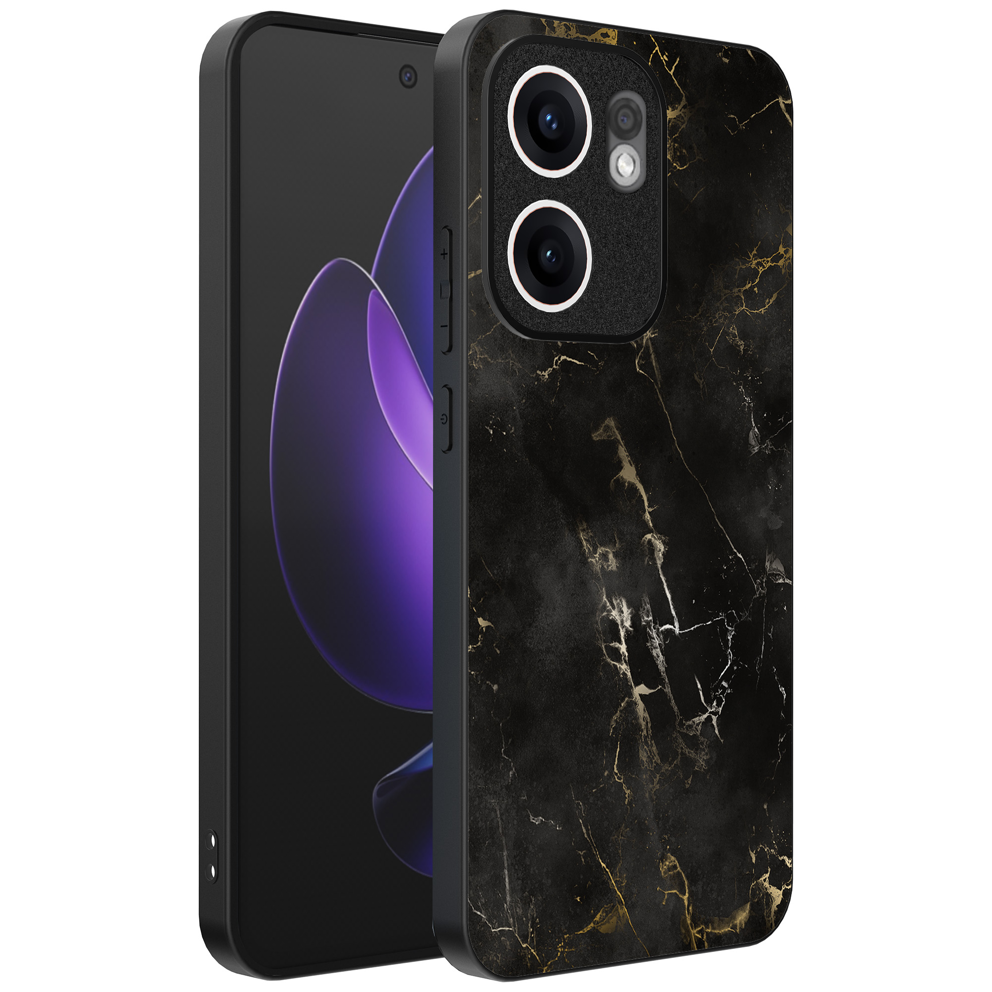 Oppo Reno 13F telefoonhoesje met zwart marmer opdruk (1)