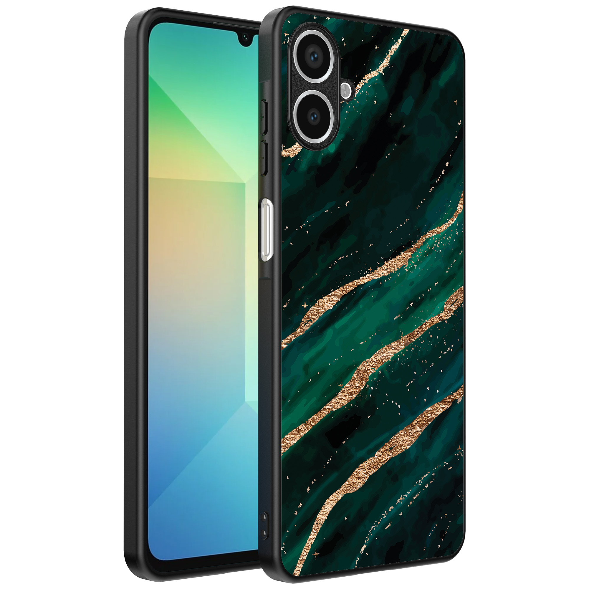 Samsung Galaxy A06 telefoonhoesje met groen goud marmer opdruk (1)