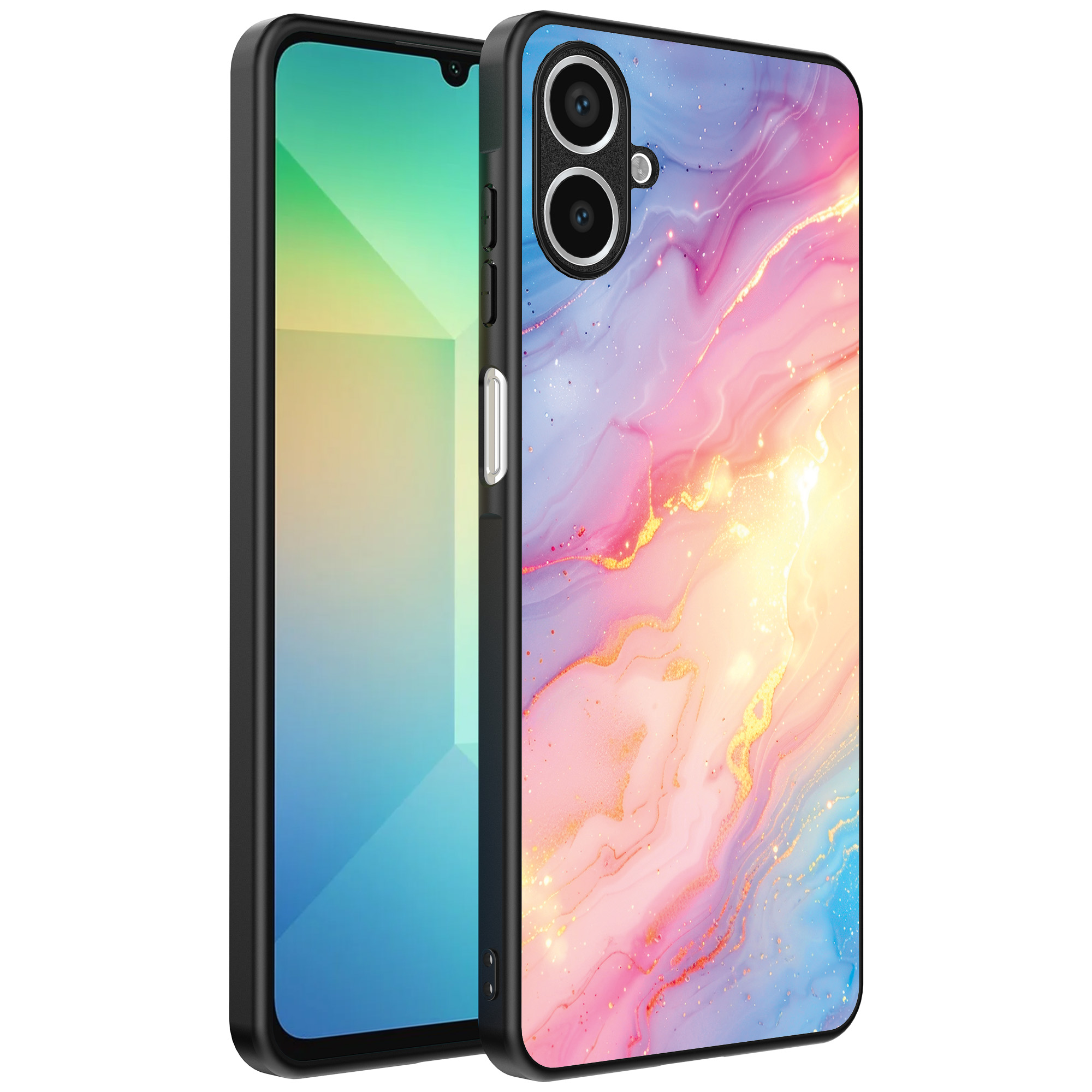 Samsung Galaxy A06 telefoonhoesje met regenboog glitter marmer opdruk (1)