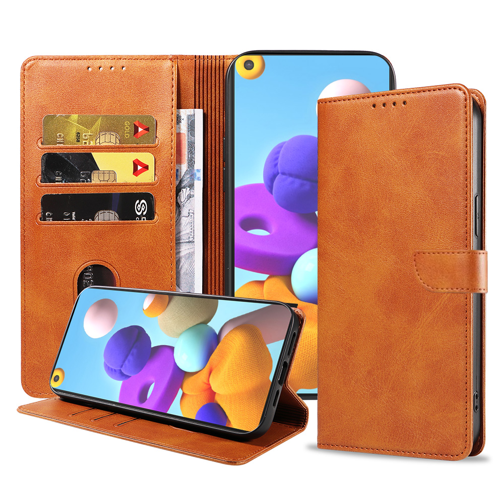 Samsung Galaxy A21 leren telefoonhoesje bookcase met pasjeshouder en magnetisch lipje (1) bruin