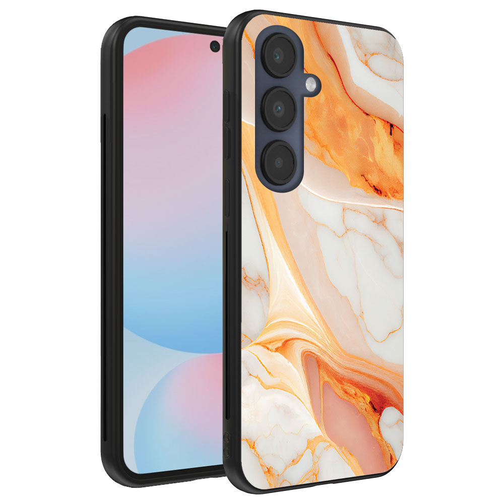 Samsung Galaxy S24 FE telefoonhoesje met oranje marmer opdruk (1)