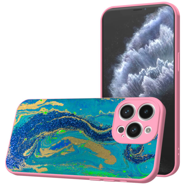 iPhone 11 Pro Max telefoonhoesje met goud blauw marmer opdruk roze (1)