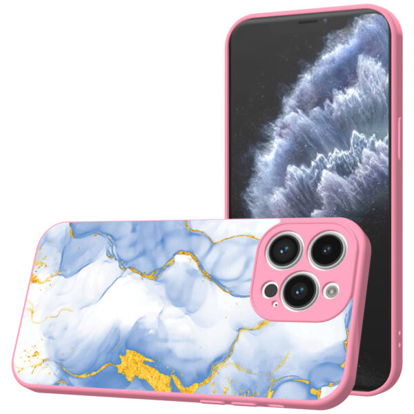 iPhone 11 Pro Max telefoonhoesje met lichtblauw goud marmer opdruk roze (1)