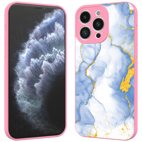 iPhone 11 Pro Max telefoonhoesje met lichtblauw goud marmer opdruk roze (2)