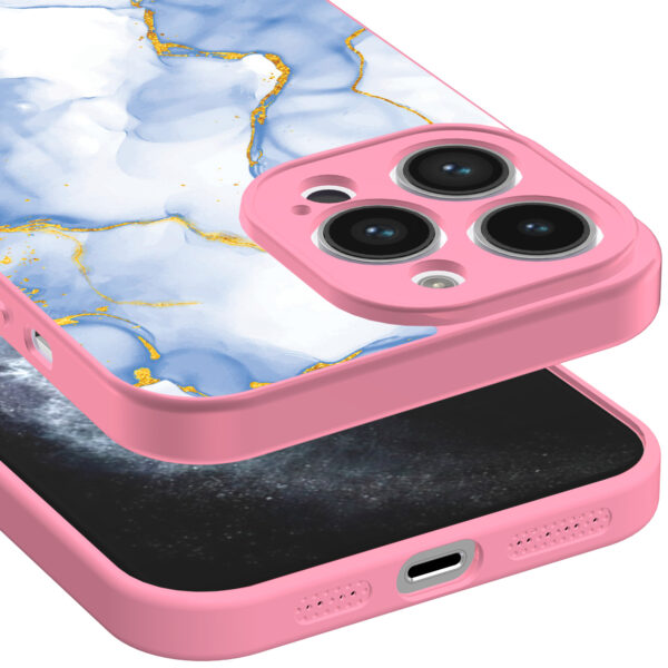iPhone 11 Pro Max telefoonhoesje met lichtblauw goud marmer opdruk roze (3)