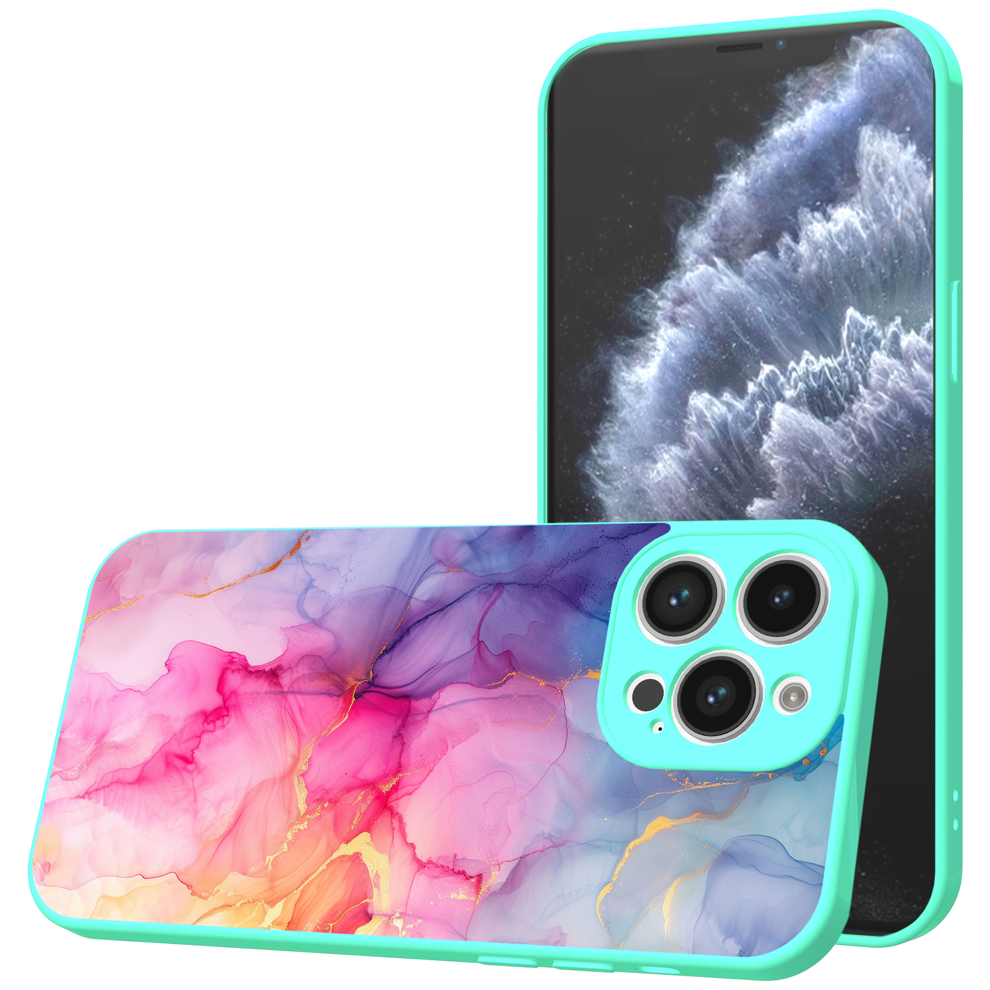 iPhone 11 Pro Max telefoonhoesje met regenboog marmer opdruk turqoise (1)