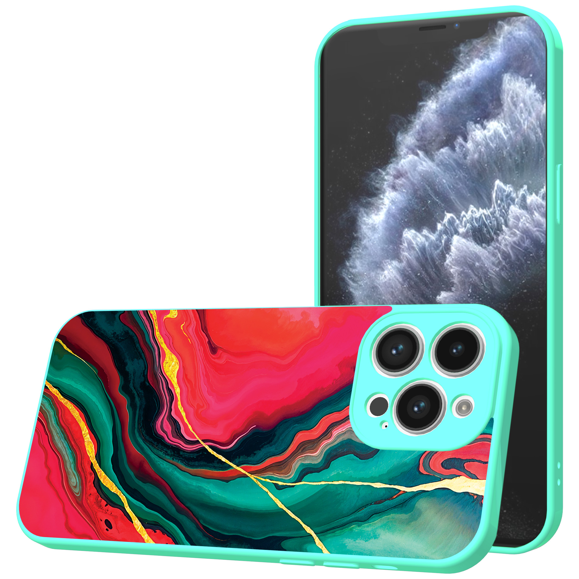 iPhone 11 Pro Max telefoonhoesje met rood groen marmer opdruk turqoise (1)