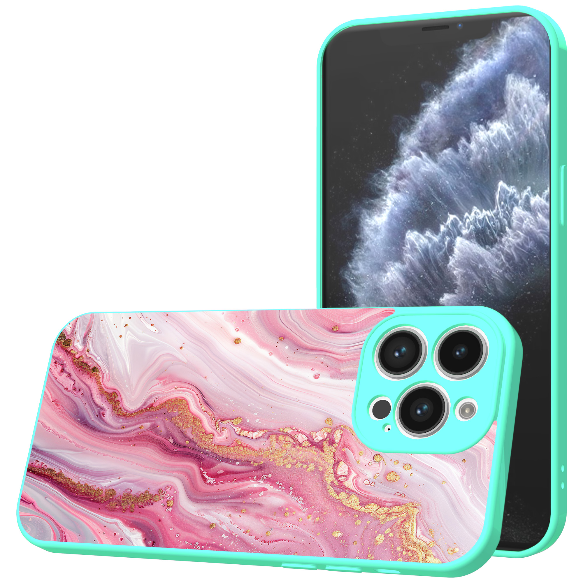 iPhone 11 Pro Max telefoonhoesje met roze marmer opdruk turqoise (1)