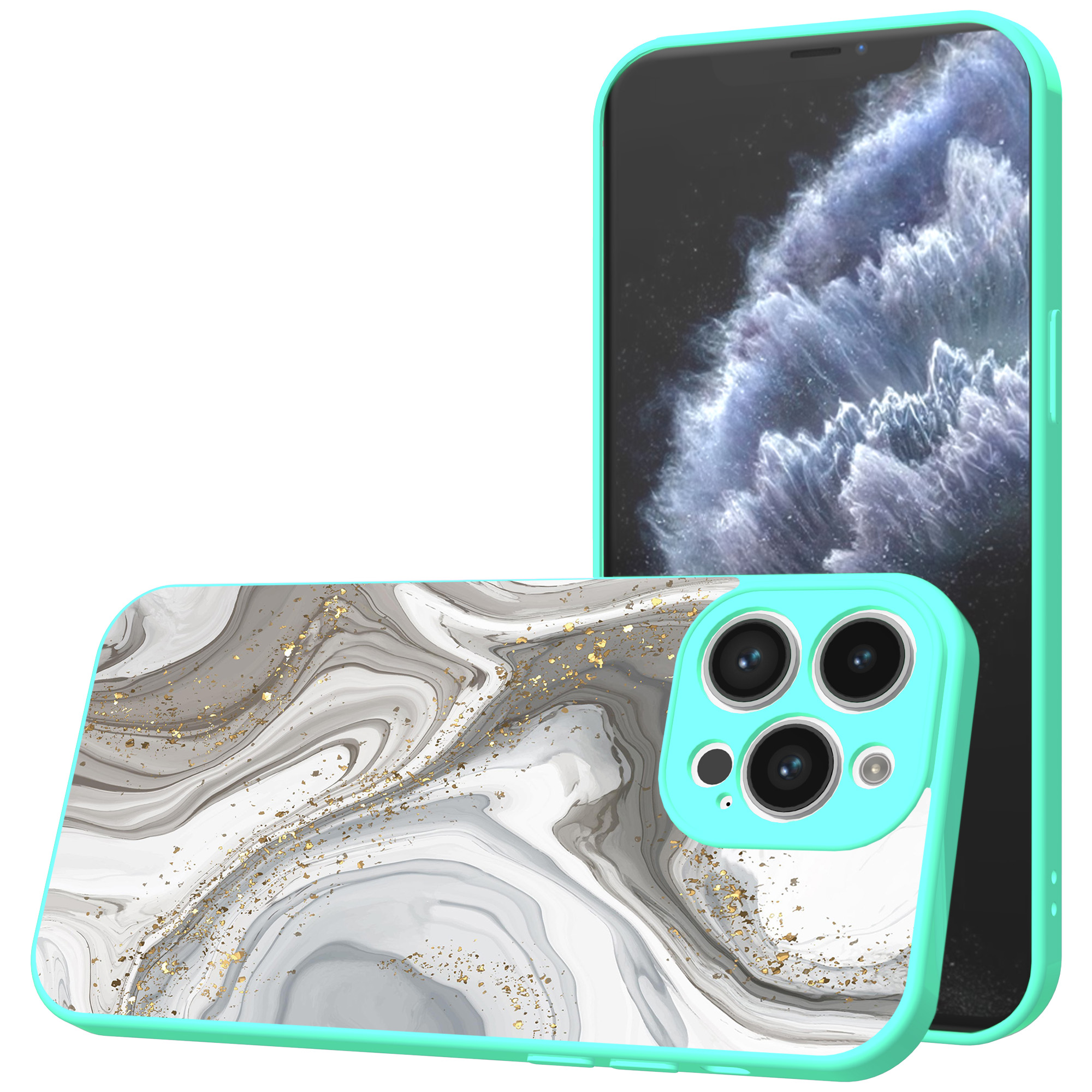iPhone 11 Pro Max telefoonhoesje met zilver marmer opdruk turqoise (1)
