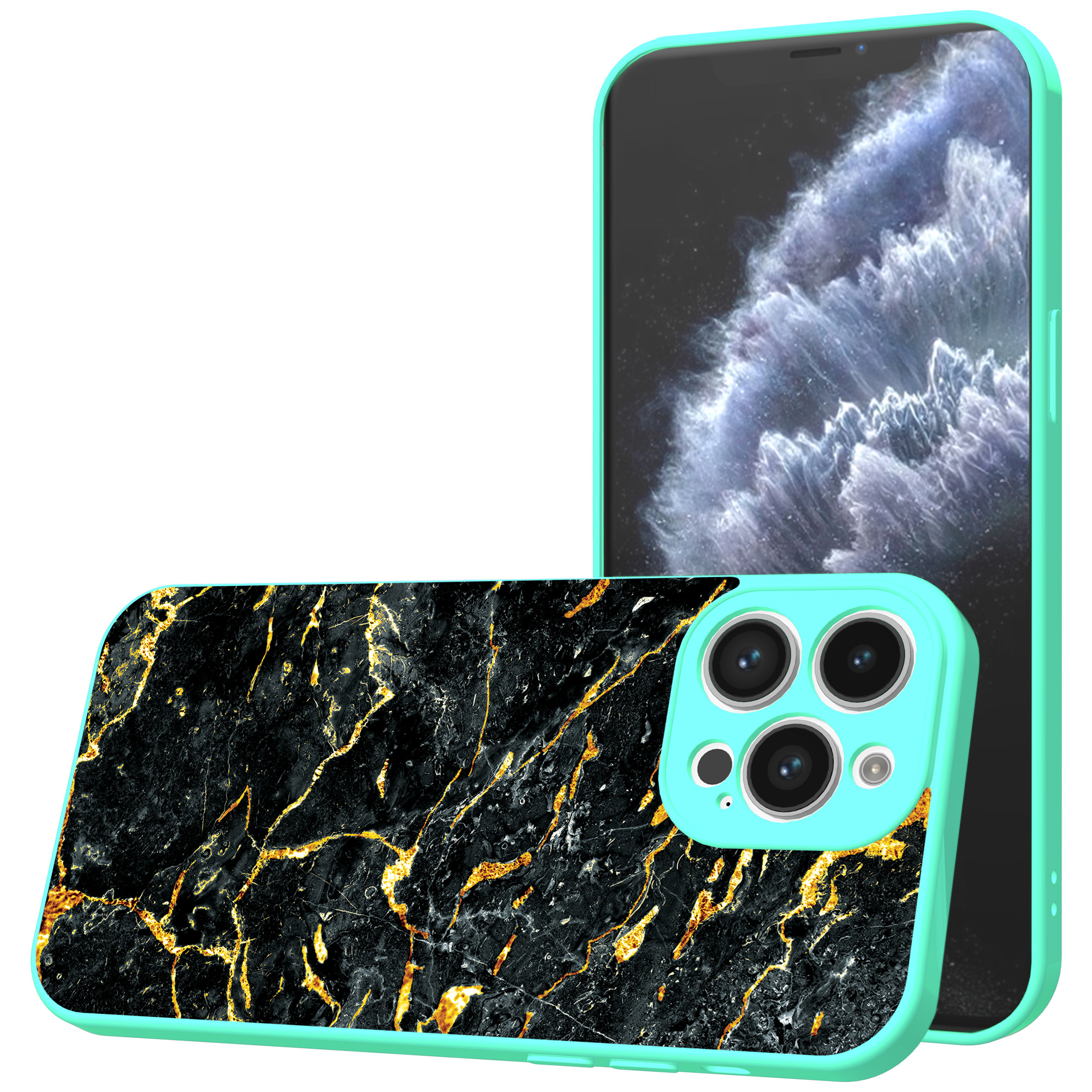 iPhone 11 Pro Max telefoonhoesje met zwart goud marmer opdruk turqoise (1)